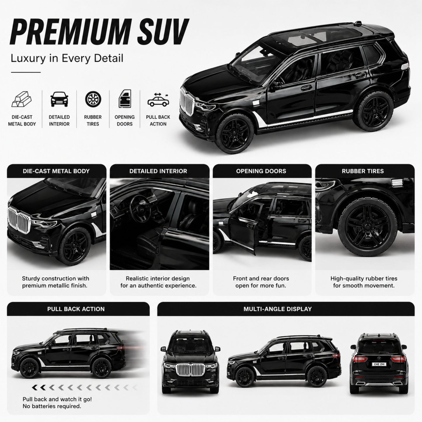 Pull Back Die Cast SUV Toy Car with Detailed Interior & Opening Doors