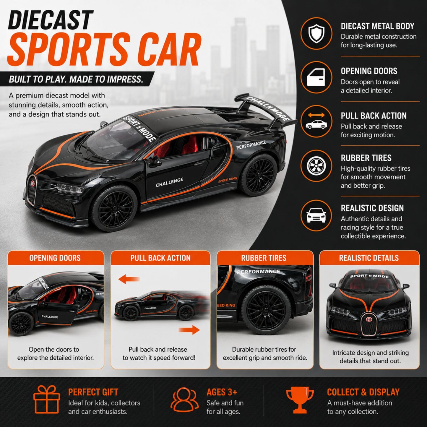 Sports Car Diecast Toy with Opening Doors & Friction Pull Back