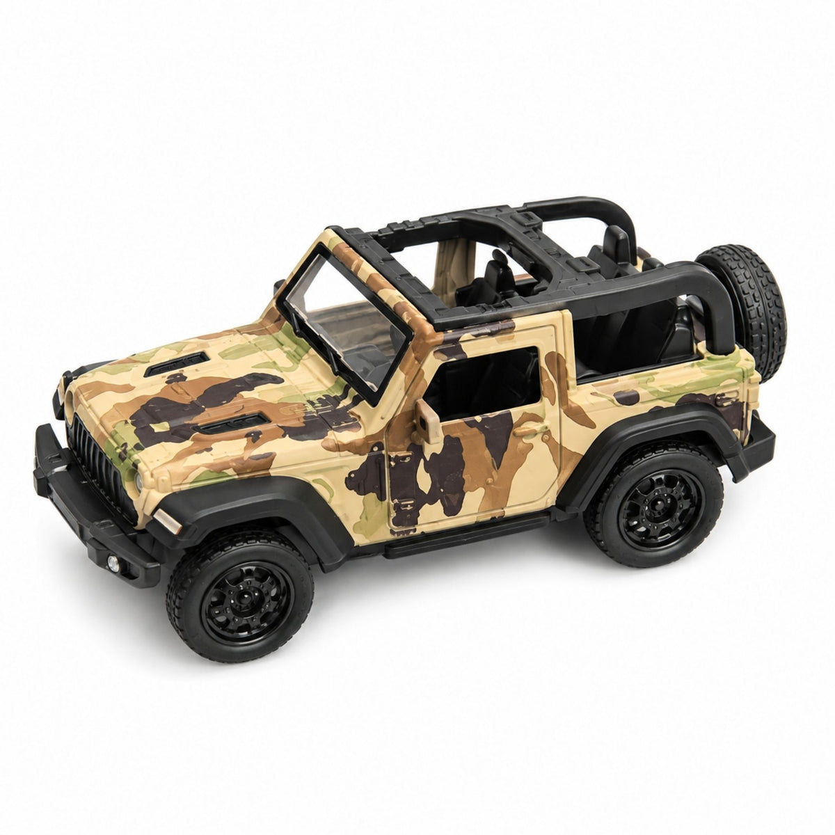 Camouflage military-style off-road jeep with open top, spare tire, rugged rolling wheels, detailed design, and interactive features for imaginative play.