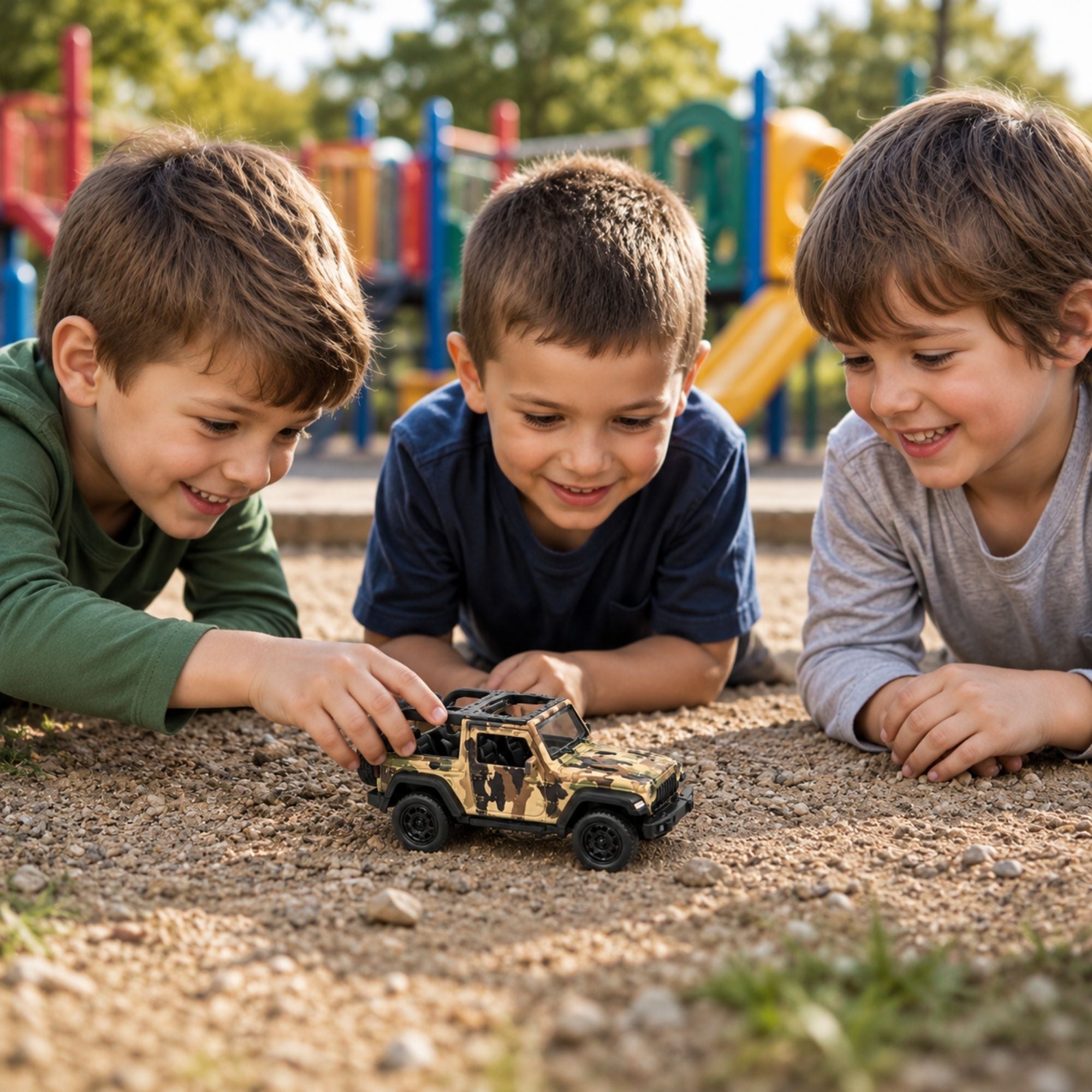 Camouflage military-style off-road jeep with open top, spare tire, rugged rolling wheels, detailed design, and interactive features for imaginative play.