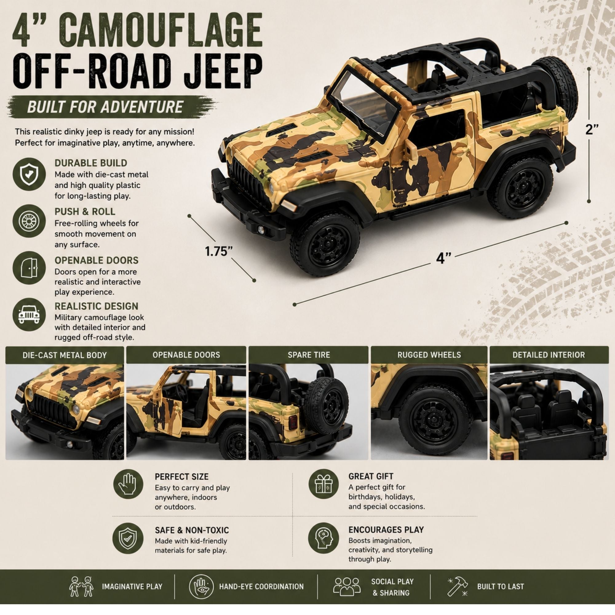 Camouflage military-style off-road jeep with open top, spare tire, rugged rolling wheels, detailed design, and interactive features for imaginative play.