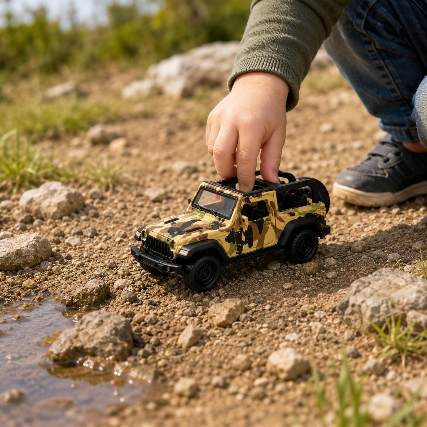 Camouflage military-style off-road jeep with open top, spare tire, rugged rolling wheels, detailed design, and interactive features for imaginative play.