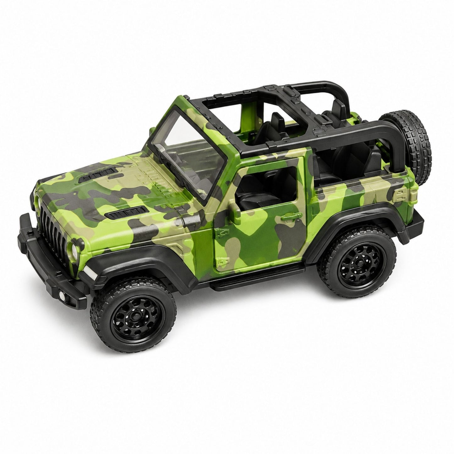Camouflage green military-style toy jeep with open top, spare tire, rugged wheels, compact design, pull-back action, and product details for kids.
