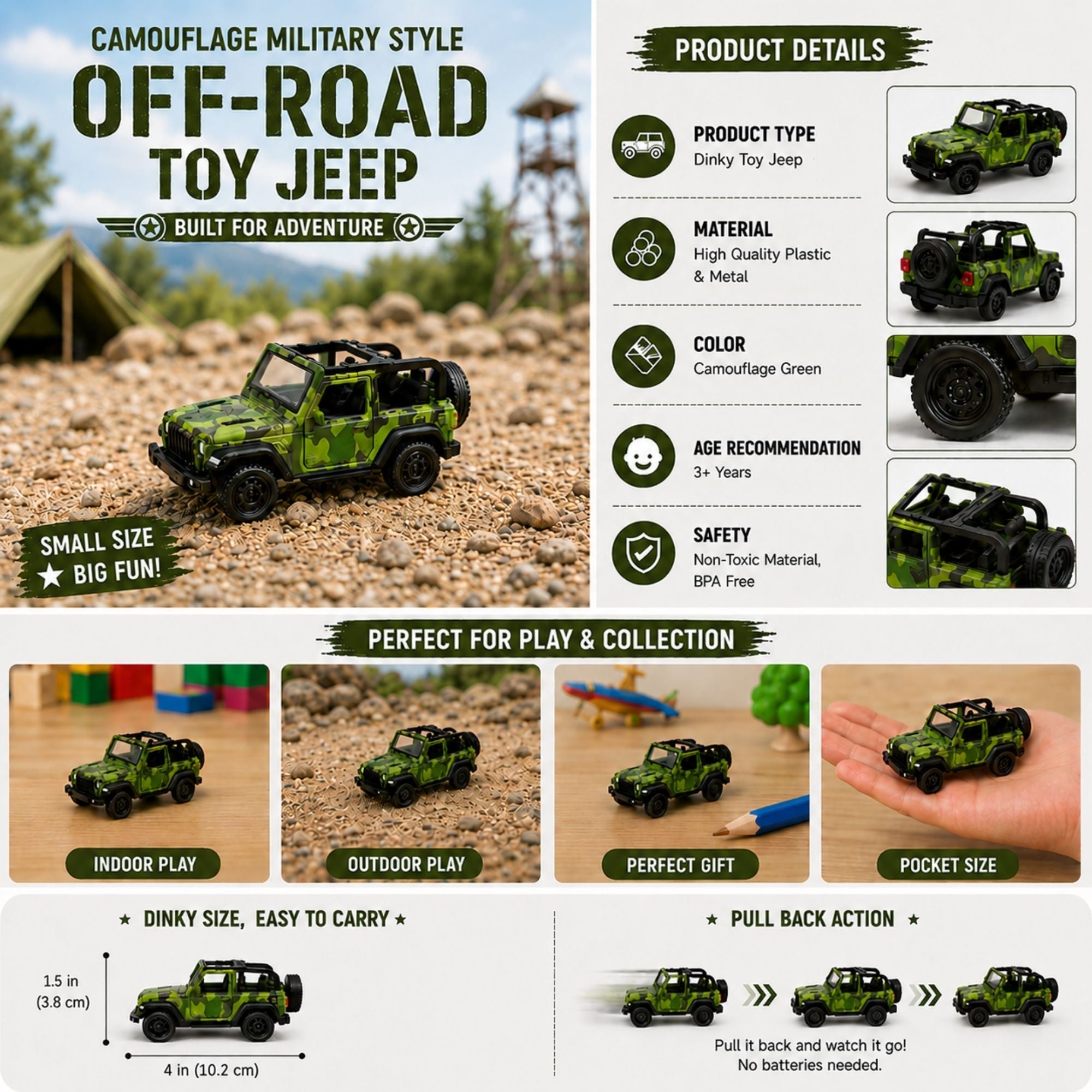 Camouflage green military-style toy jeep with open top, spare tire, rugged wheels, compact design, pull-back action, and product details for kids.
