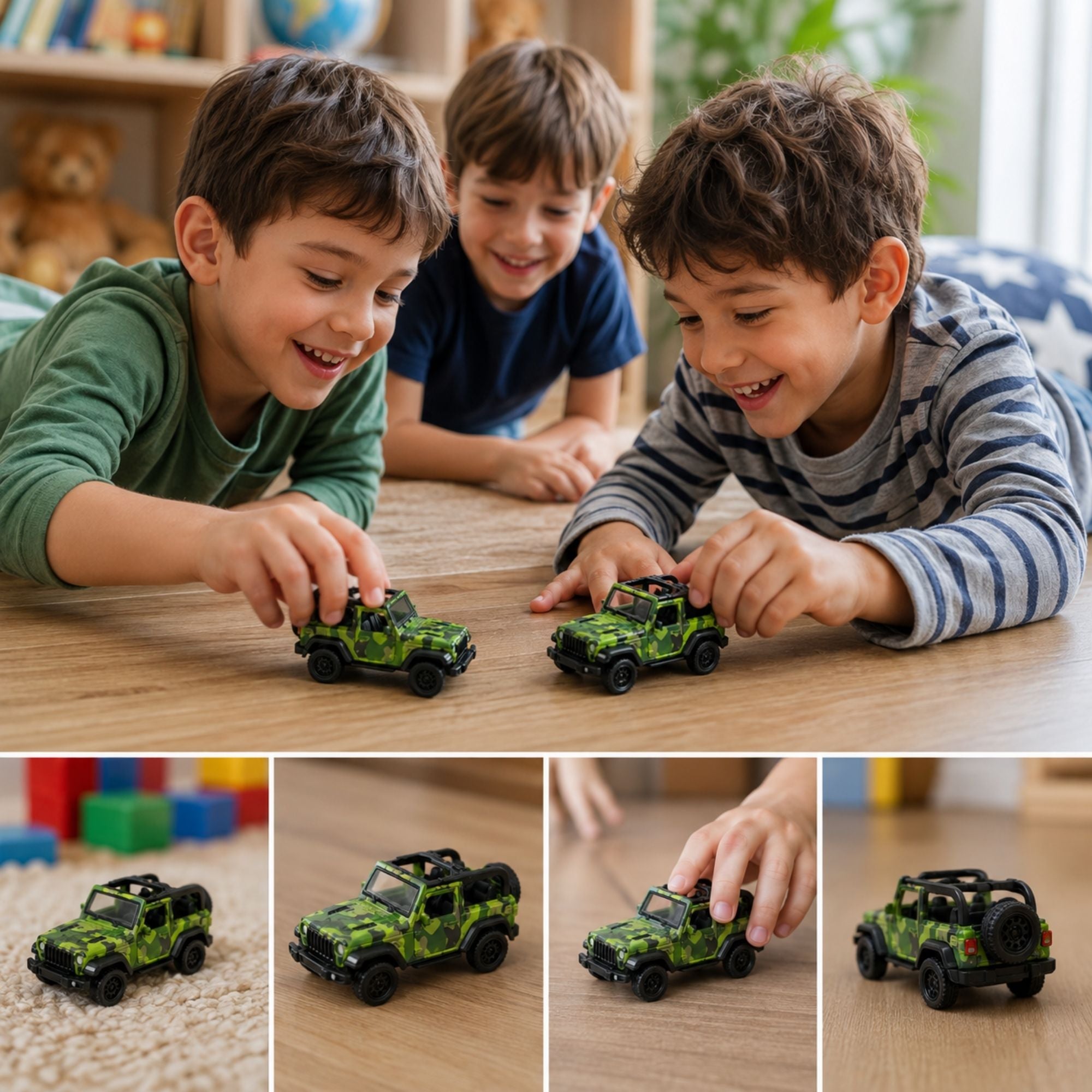 Camouflage green military-style toy jeep with open top, spare tire, rugged wheels, compact design, pull-back action, and product details for kids.