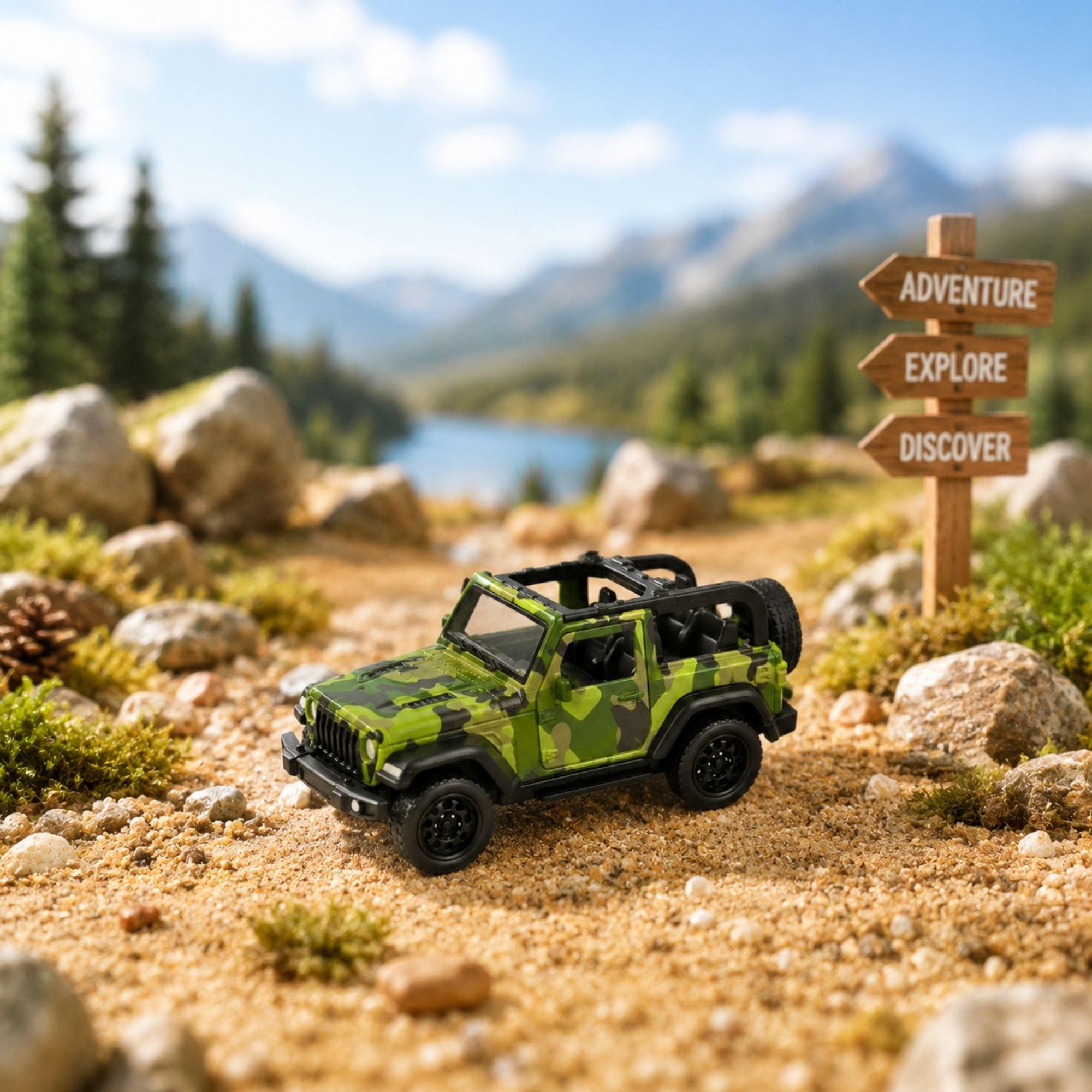 Camouflage green military-style toy jeep with open top, spare tire, rugged wheels, compact design, pull-back action, and product details for kids.