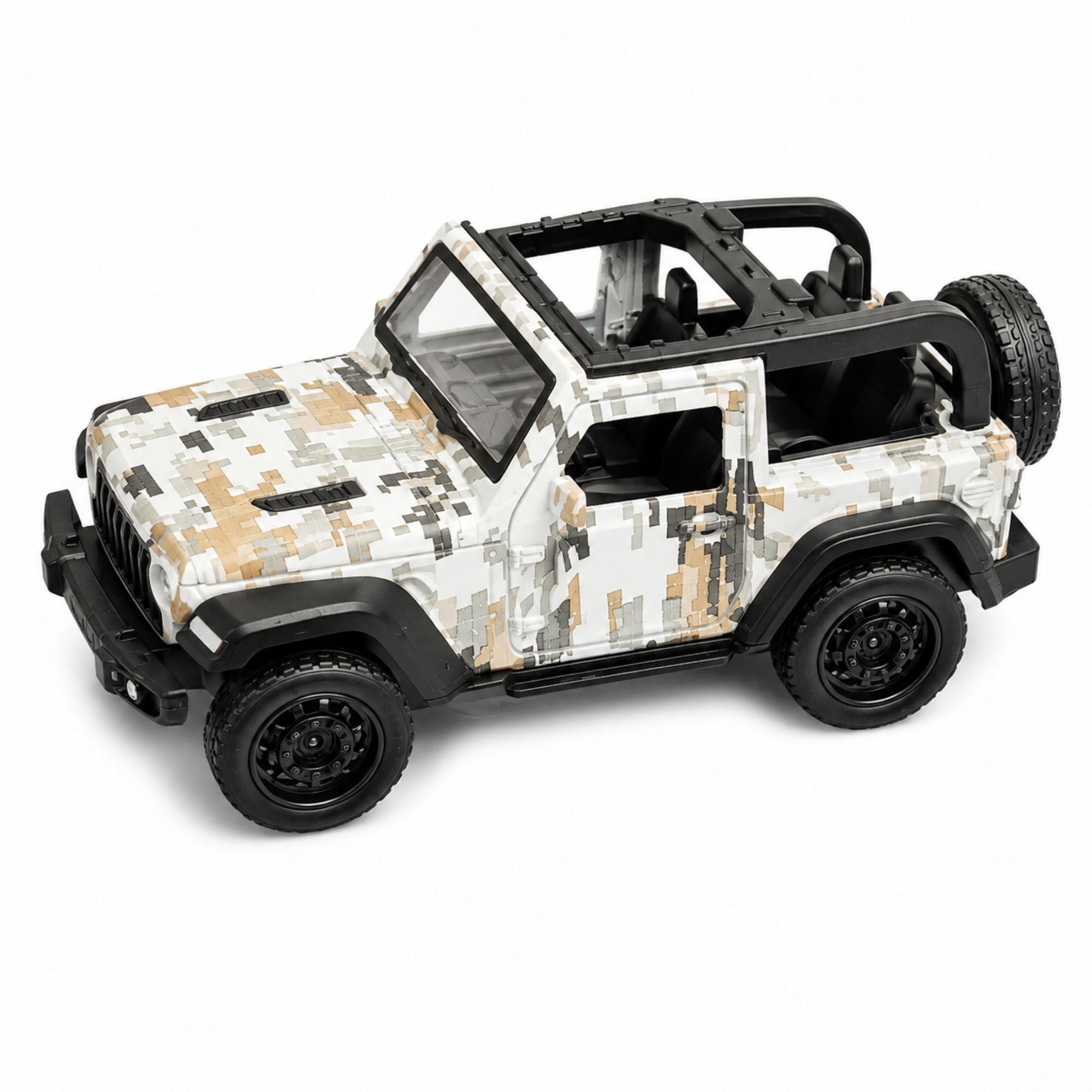 Camouflage military-style off-road dinky toy jeep with open-top design, spare tire, rugged wheels, product details, compact dimensions, and pull-back action for kids.