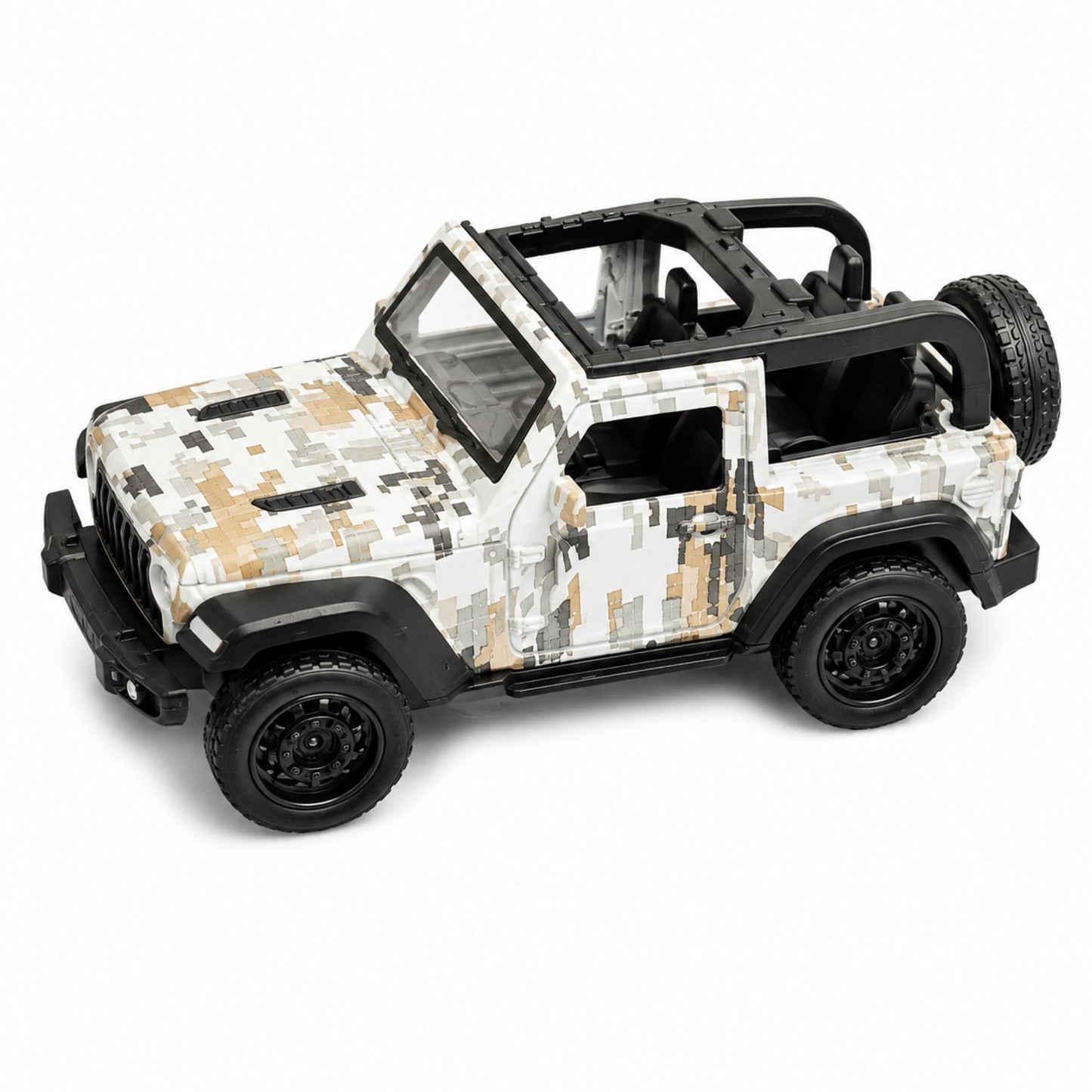 Camouflage military-style off-road dinky toy jeep with open-top design, spare tire, rugged wheels, product details, compact dimensions, and pull-back action for kids.
