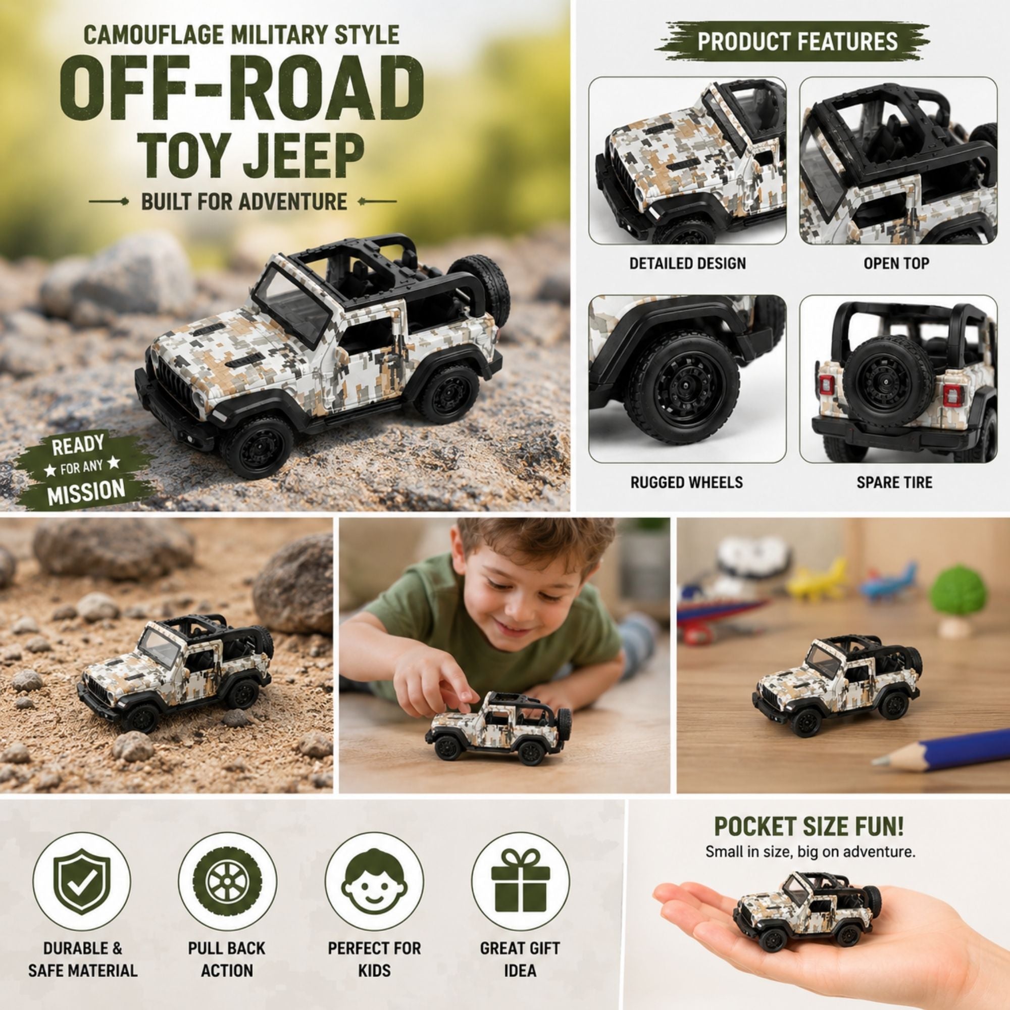 Camouflage military-style off-road dinky toy jeep with open-top design, spare tire, rugged wheels, product details, compact dimensions, and pull-back action for kids.
