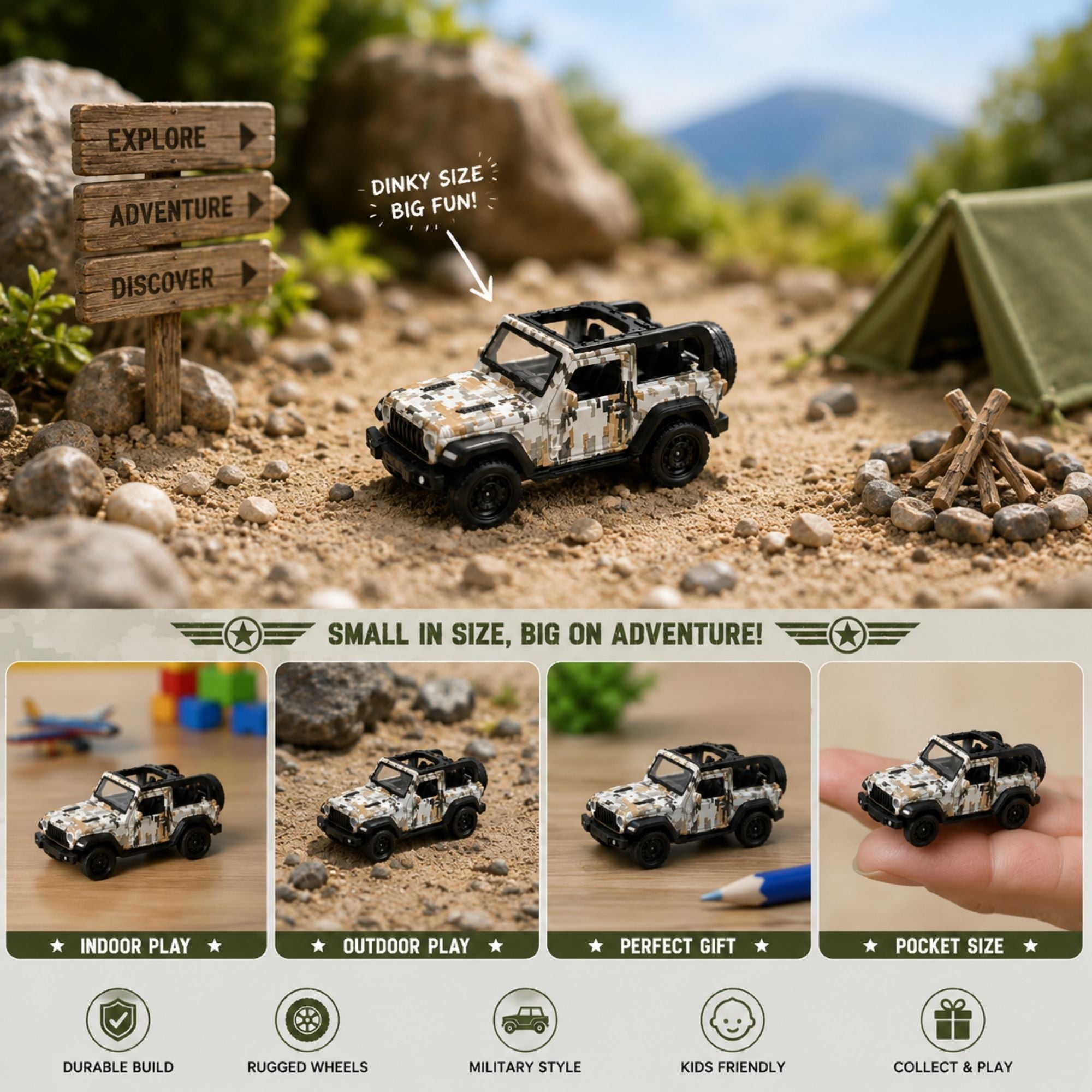 Camouflage military-style off-road dinky toy jeep with open-top design, spare tire, rugged wheels, product details, compact dimensions, and pull-back action for kids.