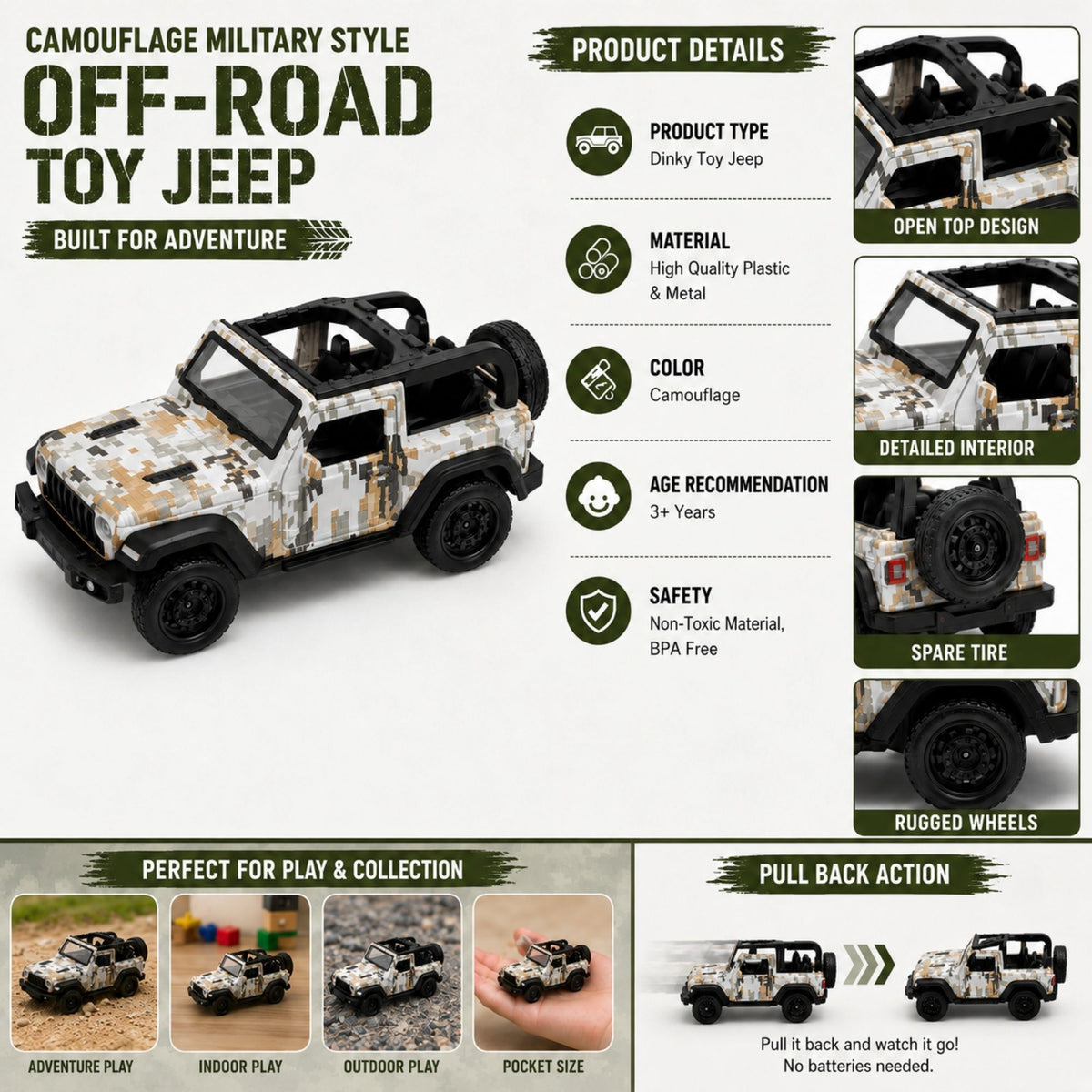 Camouflage military-style off-road dinky toy jeep with open-top design, spare tire, rugged wheels, product details, compact dimensions, and pull-back action for kids.