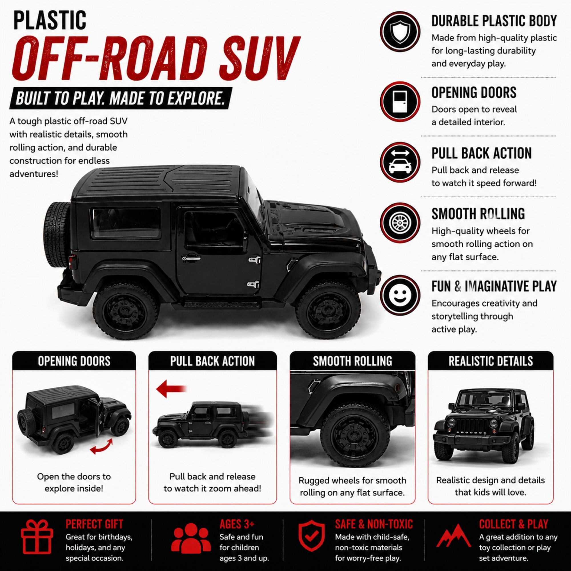 Plastic Off-Road SUV Model Toy with Pull Back Feature