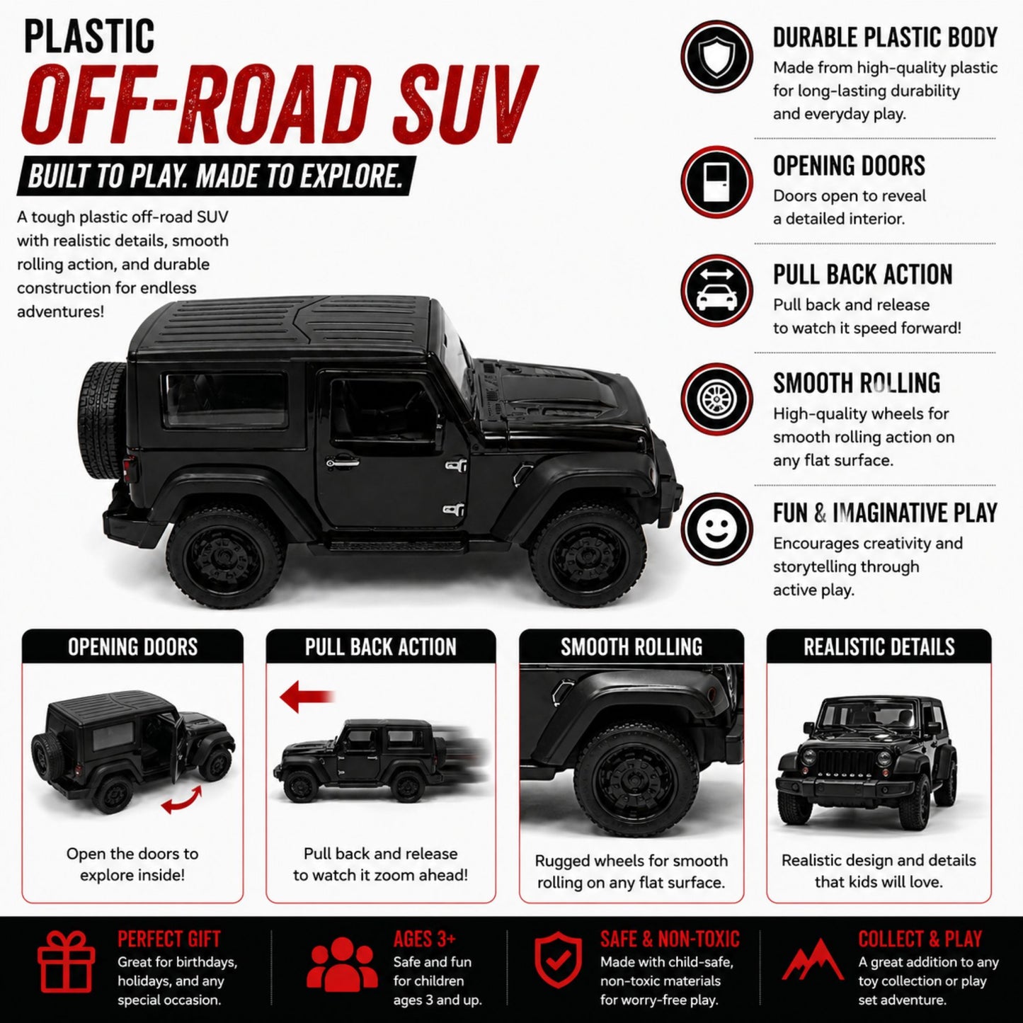 Plastic Off-Road SUV Model Toy with Pull Back Feature