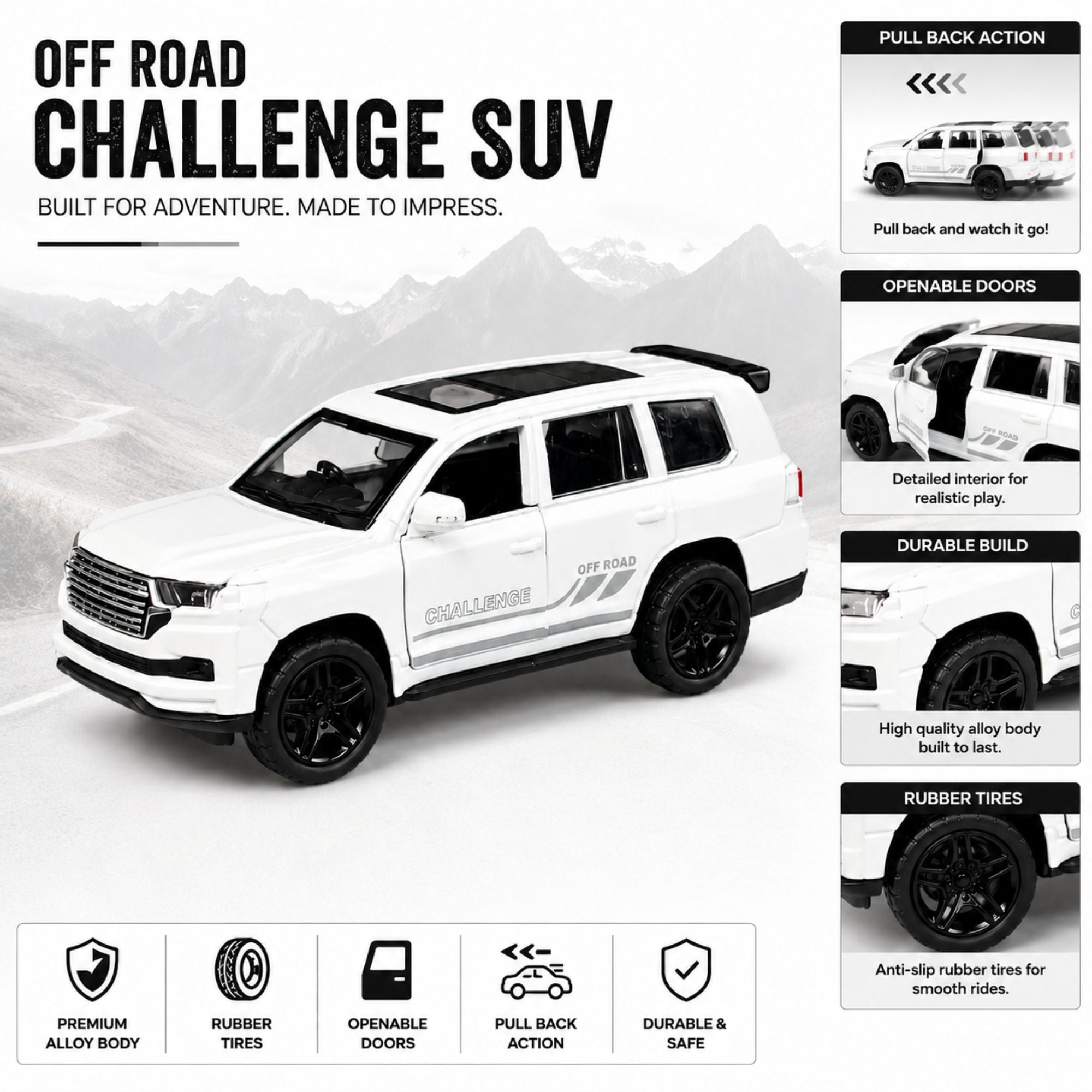 Metal Diecast Off Road SUV Toy Car with Opening Doors & Pull Back