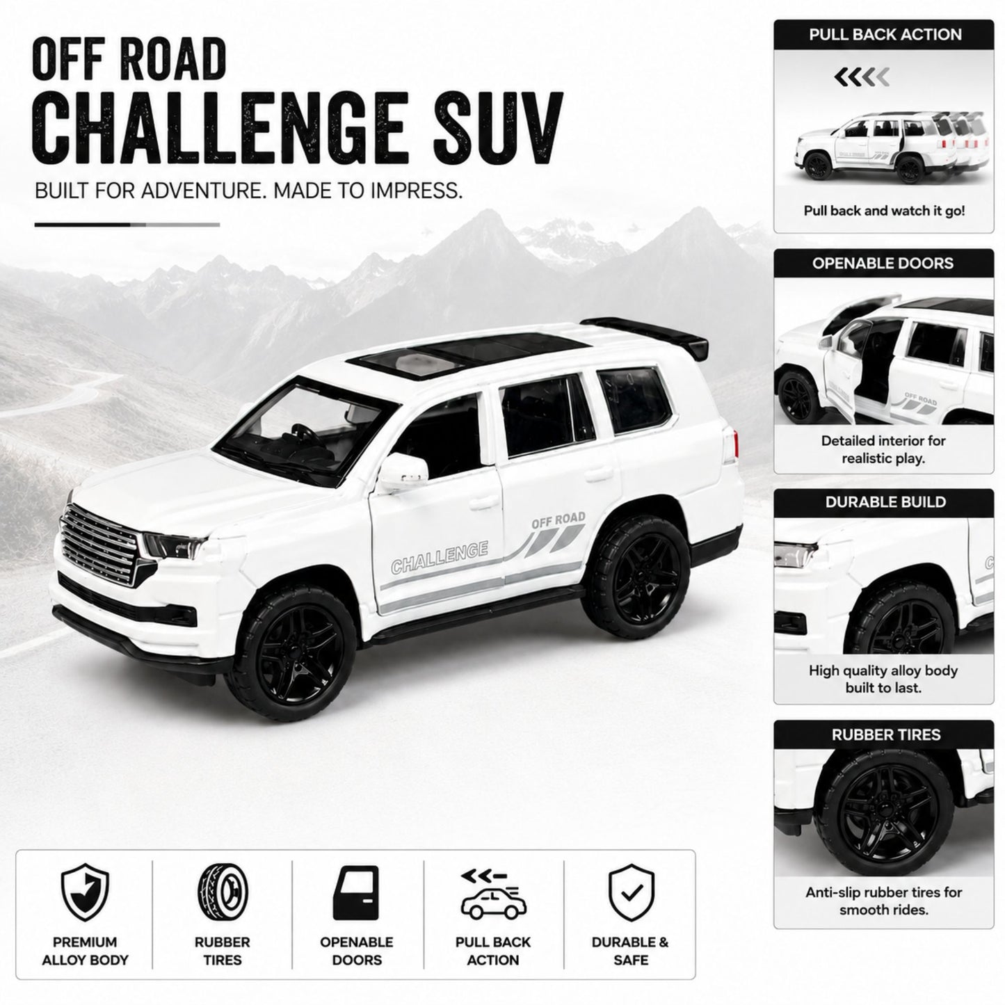 Metal Diecast Off Road SUV Toy Car with Opening Doors & Pull Back