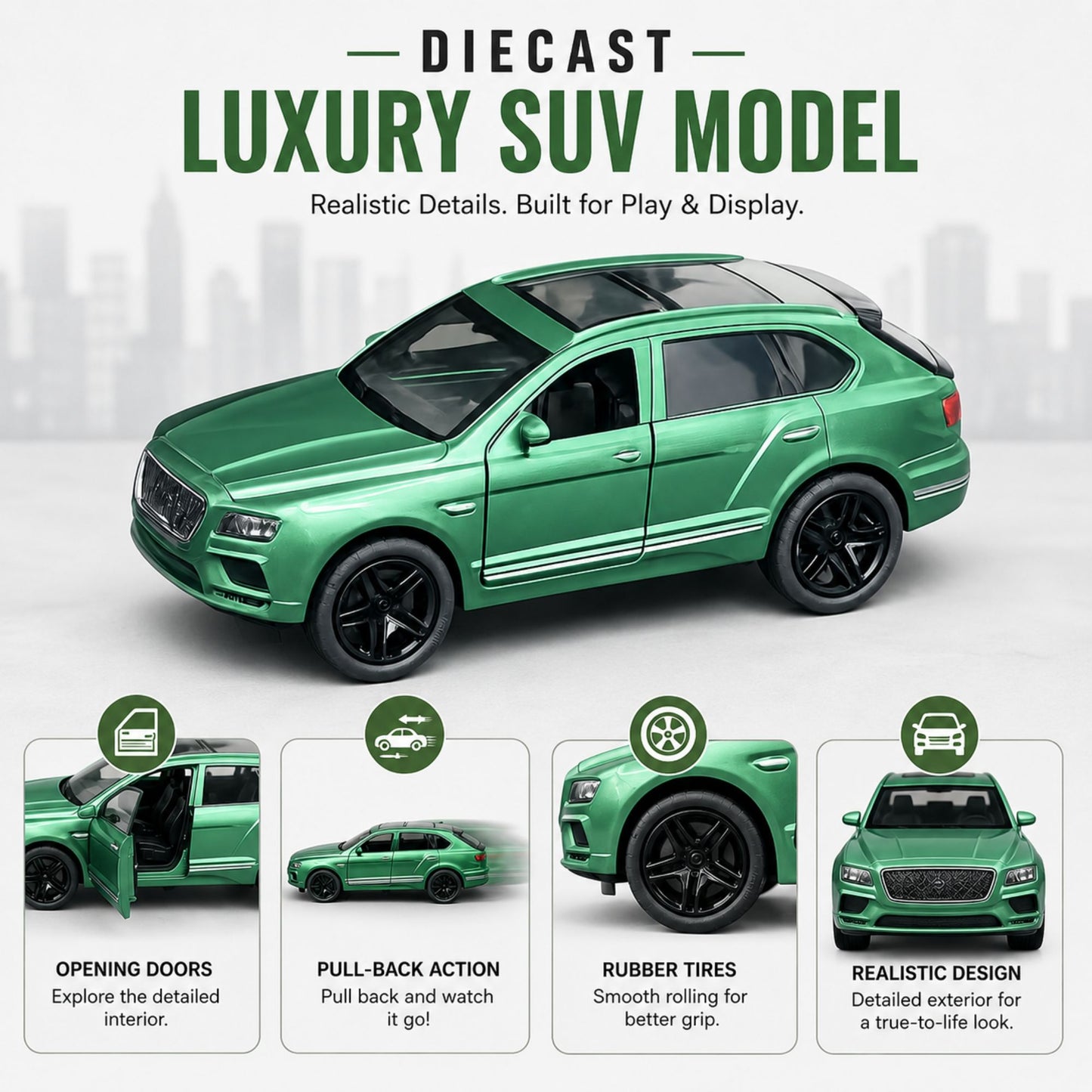 Diecast Off Road SUV Model Car with Opening Doors Pull Back