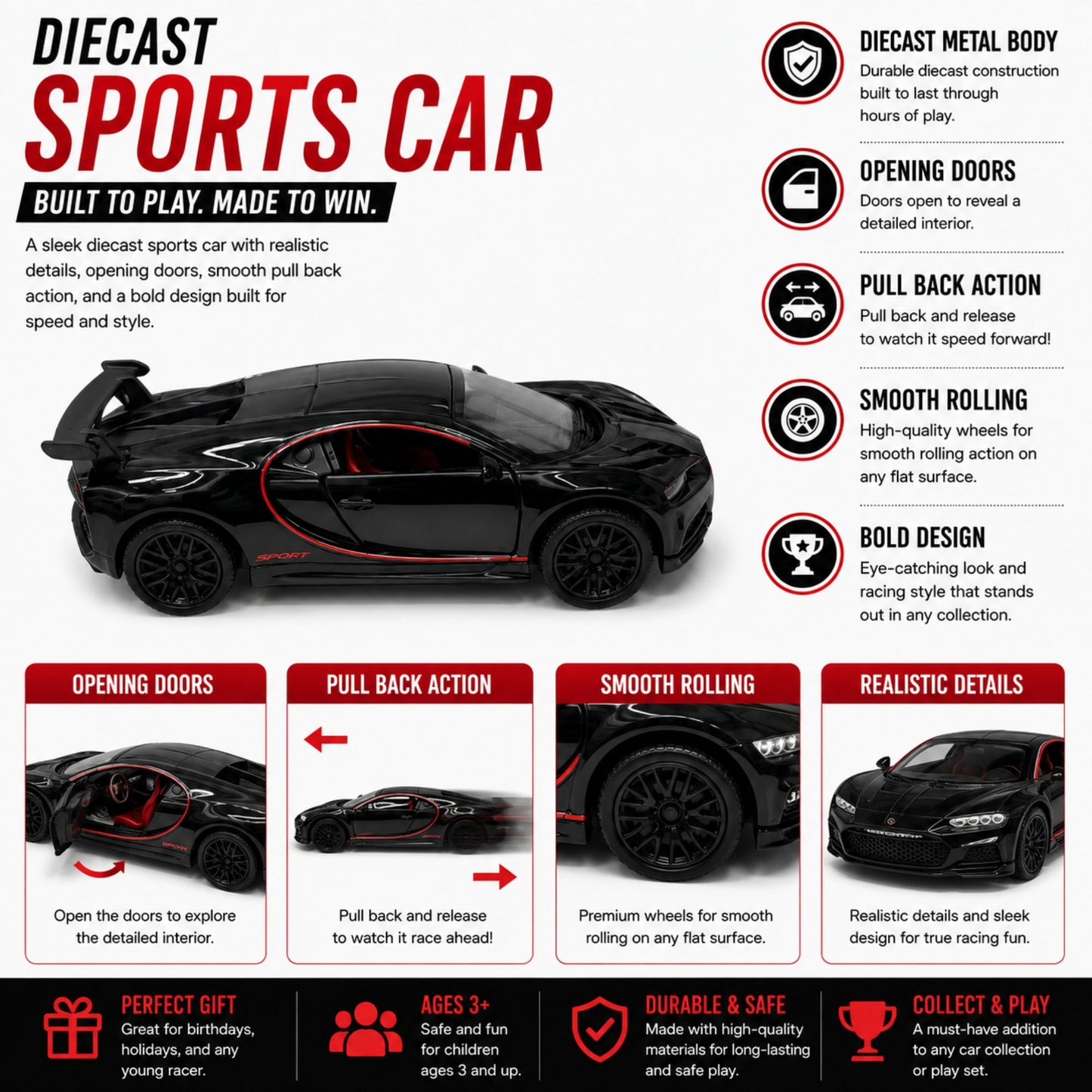 Diecast Sports Car Toy with Pull Back and Opening Doors Play