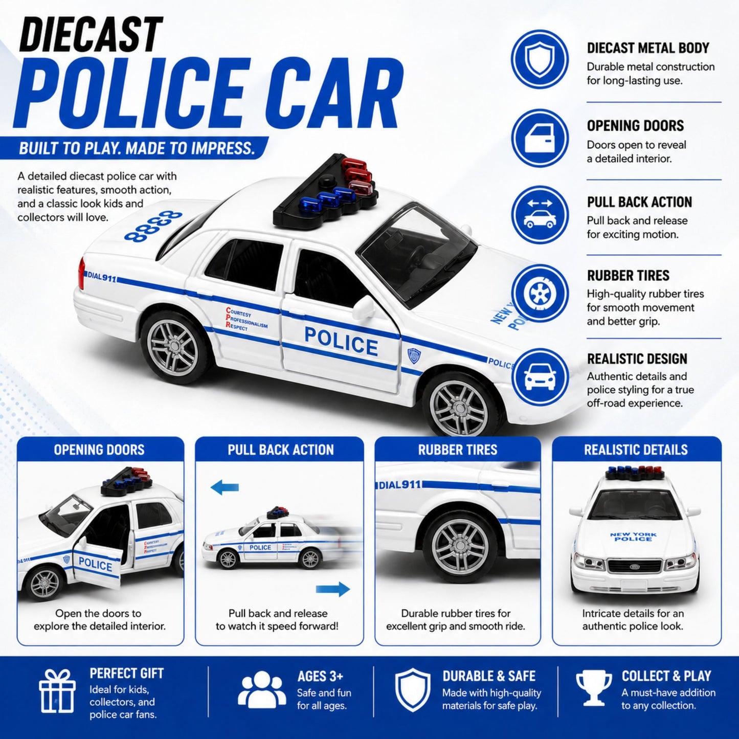 Realistic Diecast Police Car Toy with Pull Back Action
