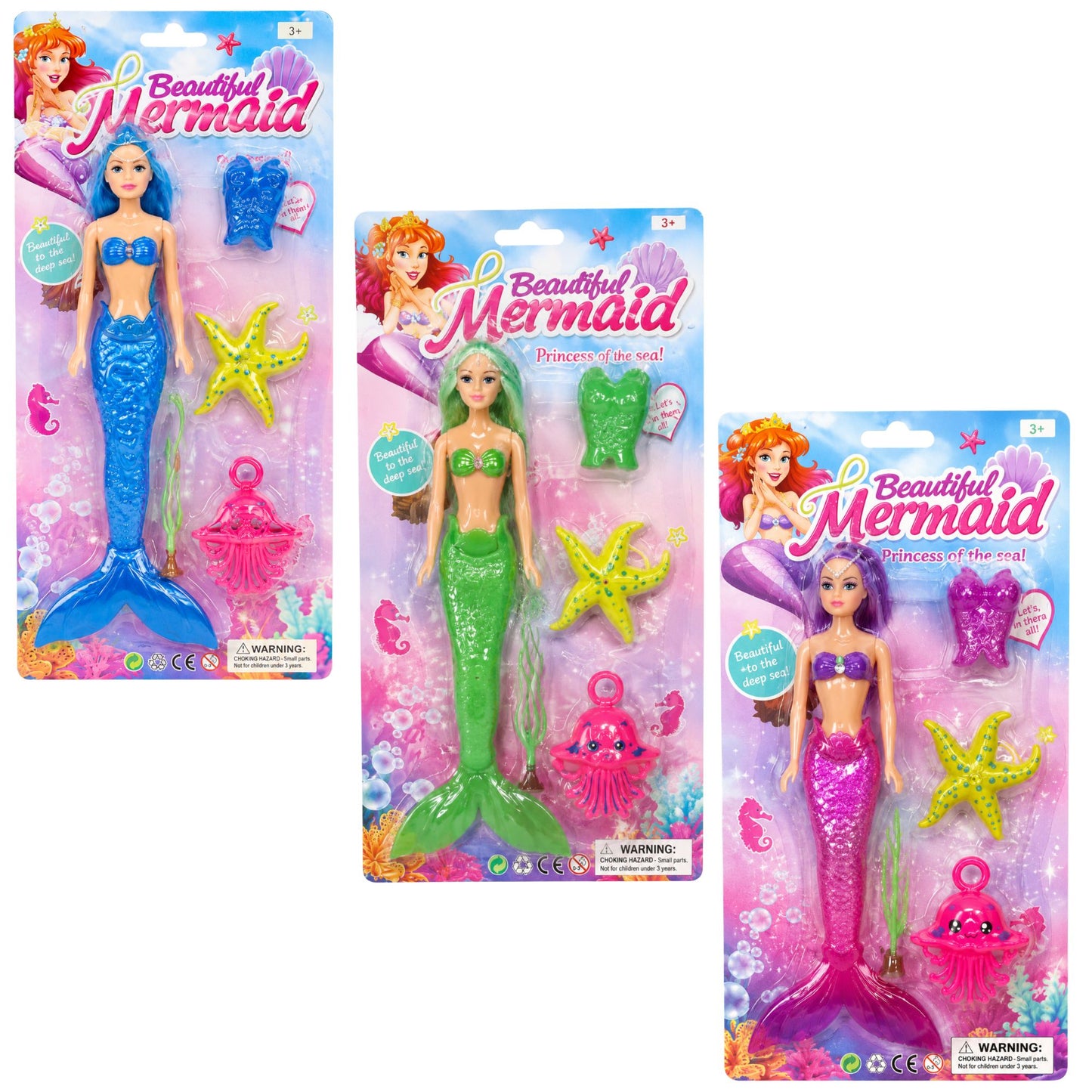 Three packaged mermaid dolls on a plain white background, each in different tail colors: blue, green, and pink. The cards show the brand name 'Beautiful Mermaid' and include accessories like starfish, shells, and small fish.