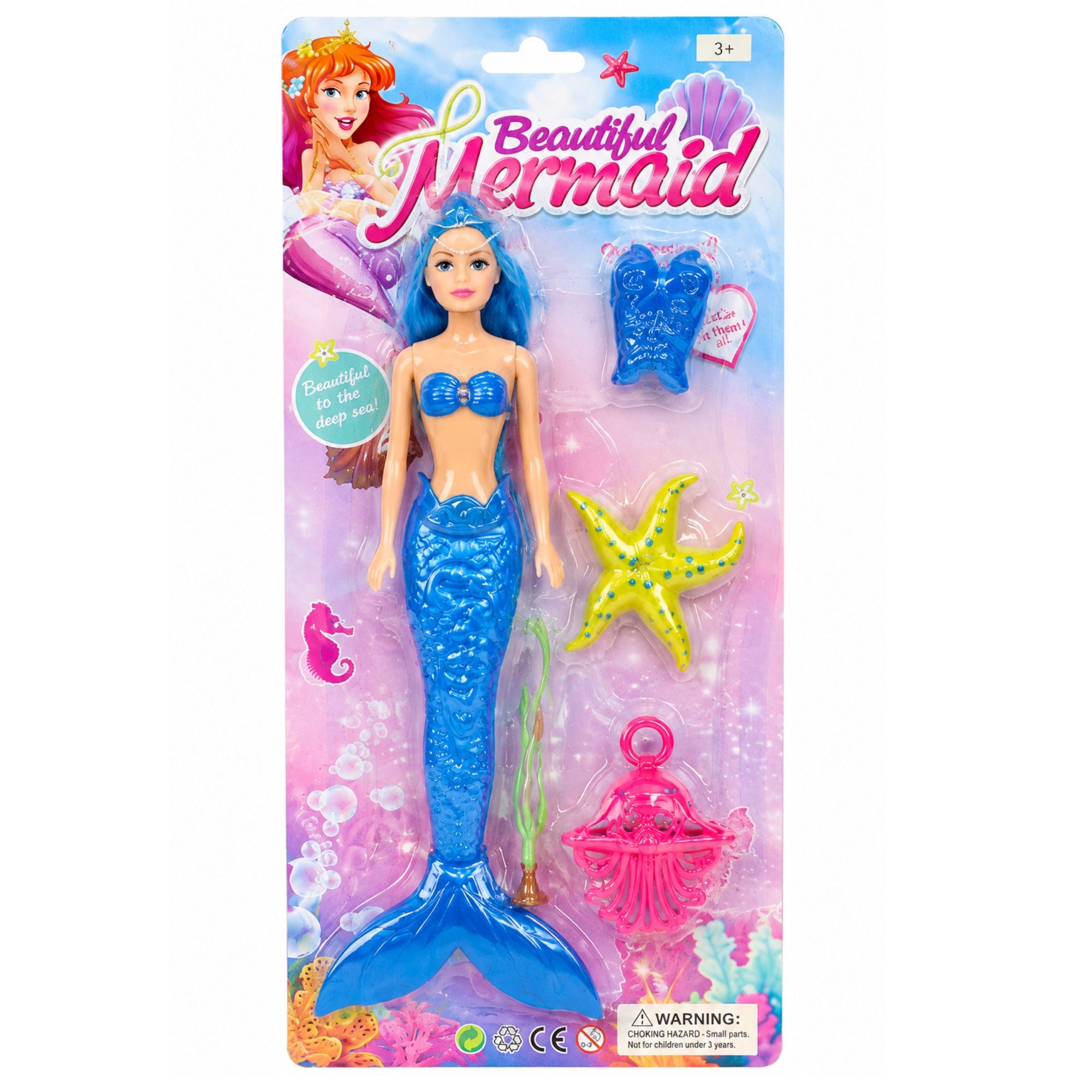 A packaged mermaid doll toy set on a colorful blister card. The set includes a blue mermaid figure with a glittery blue tail, a blue seashell top, a yellow starfish, and a pink octopus, with the card titled 'Beautiful Mermaid'.