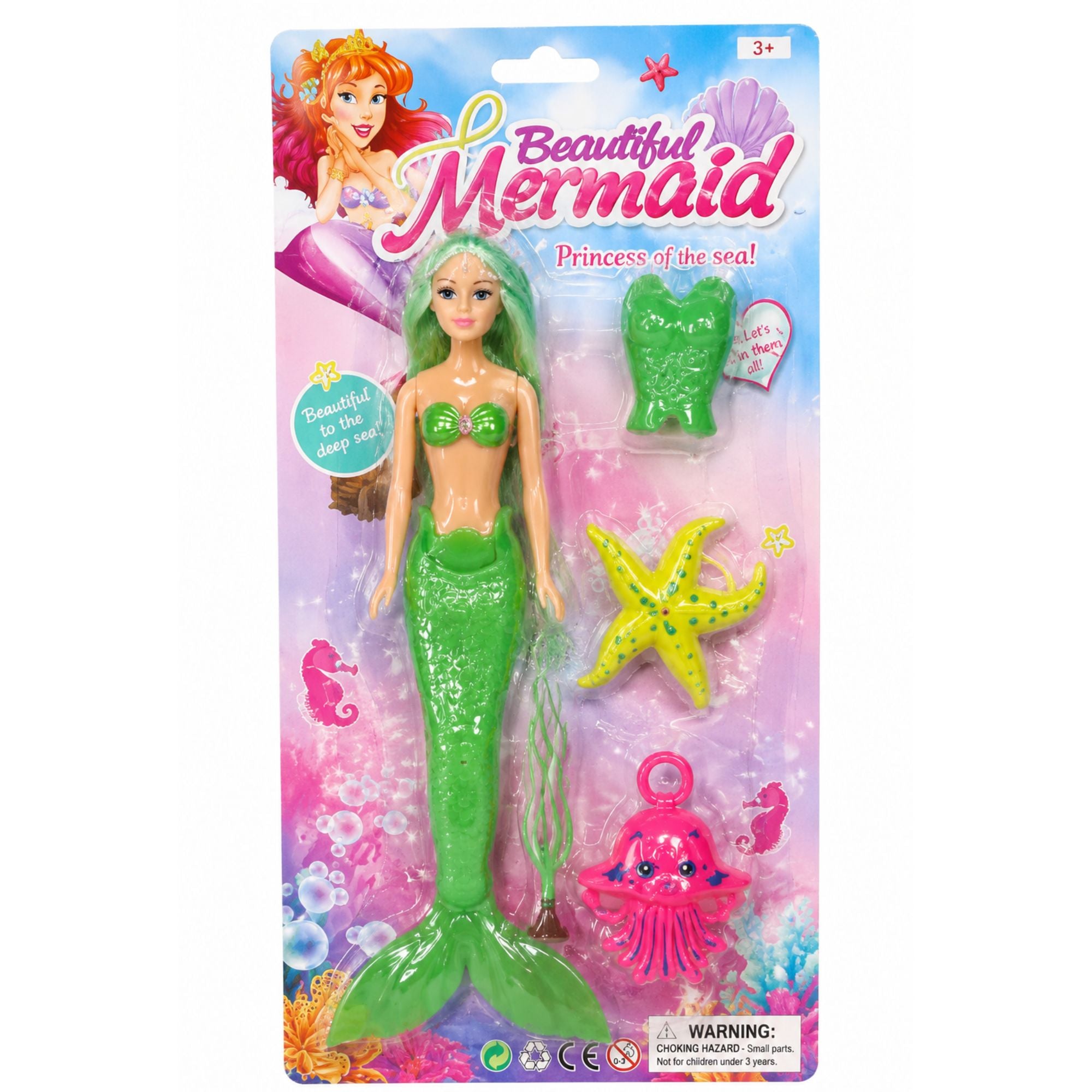 A packaged mermaid doll set on a colorful blister card. The set includes a mermaid figure with long green hair and a green tail, a green top, a yellow starfish, and a pink octopus, all attached to a printed backing card with the title 'Beautiful Mermaid'.
