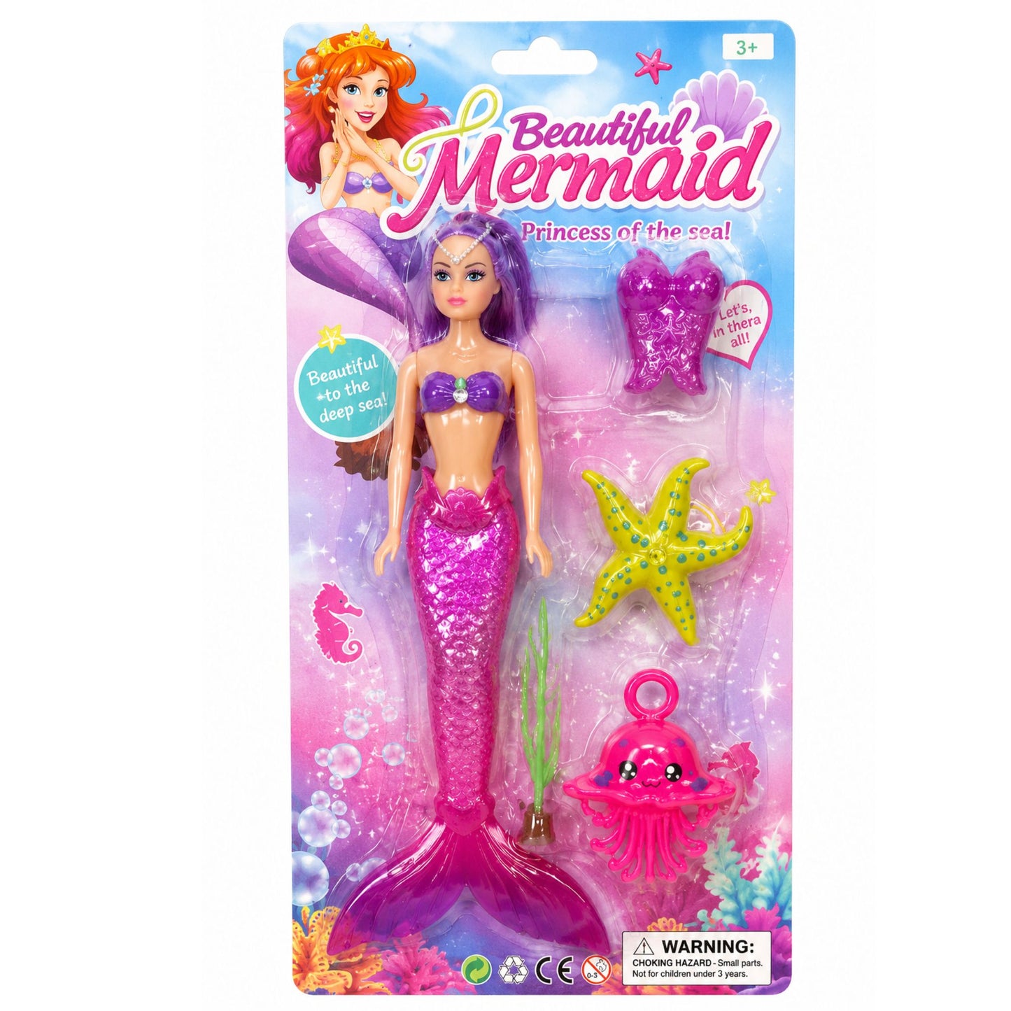 Packaged mermaid doll toy with accessories on a colorful blister card. The set includes a mermaid doll with a purple and pink tail, a purple shell, a yellow starfish, a pink octopus, and an underwater-themed printed backing card.
