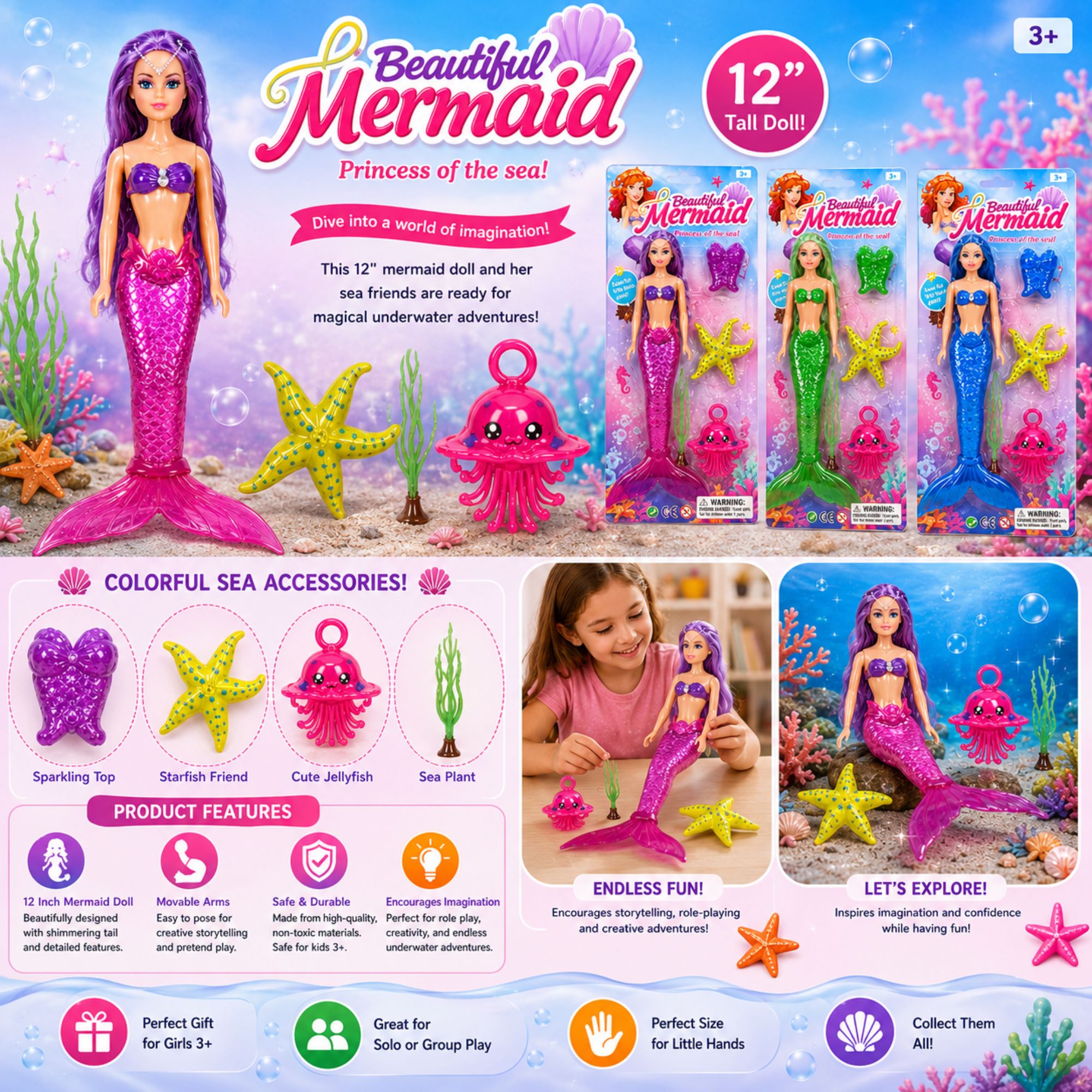 Promotional product graphic for a 12-inch mermaid doll set, showing the mermaid doll, pink toy boat, starfish, sea plant, and multiple color options. Includes a child playing with the doll and feature icons on an underwater-themed background.