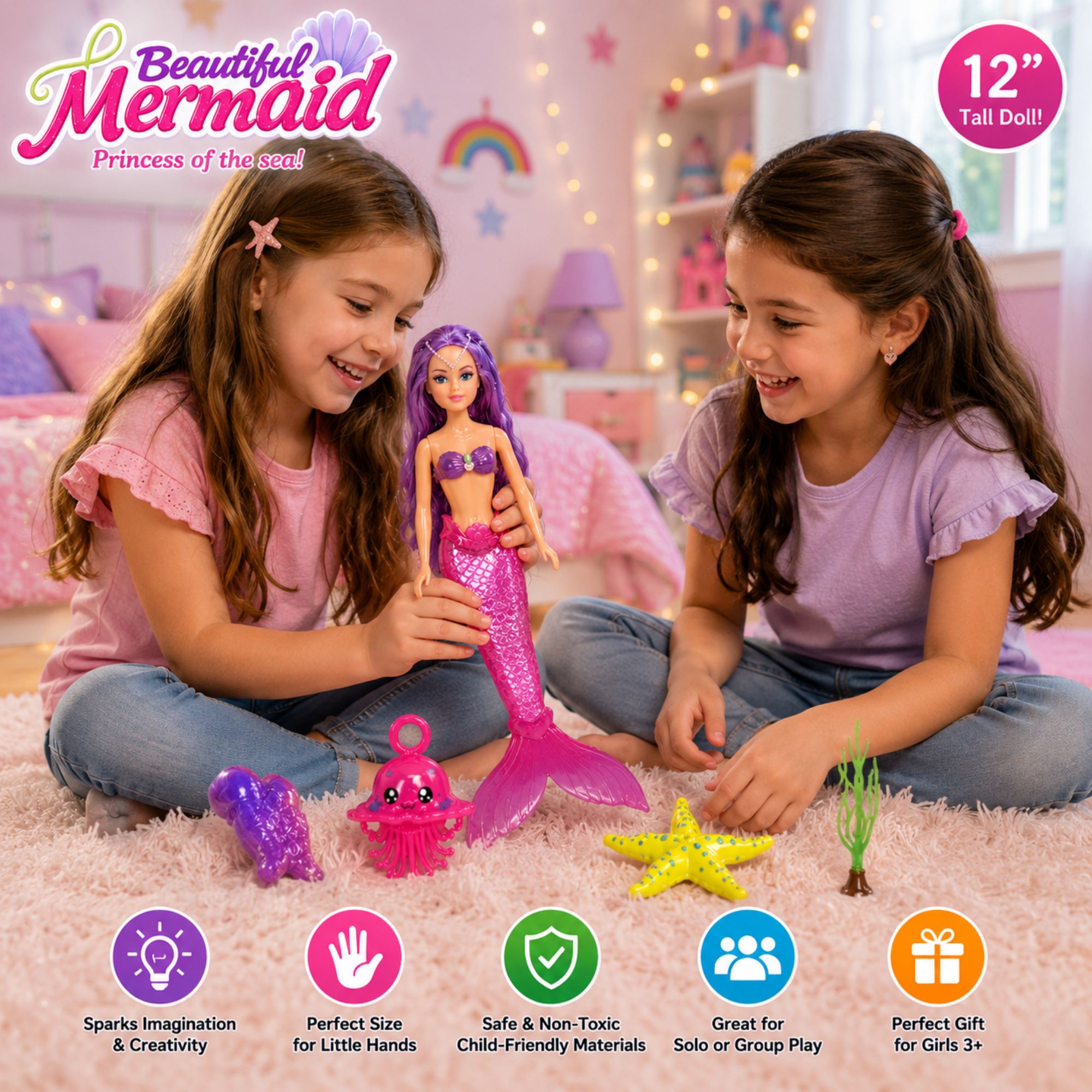 Two young girls sitting on a pink rug in a bedroom setting, playing with a 12-inch tall mermaid doll and its colorful toy accessories. The image includes the 'Beautiful Mermaid' brand logo at the top left and feature icons at the bottom.