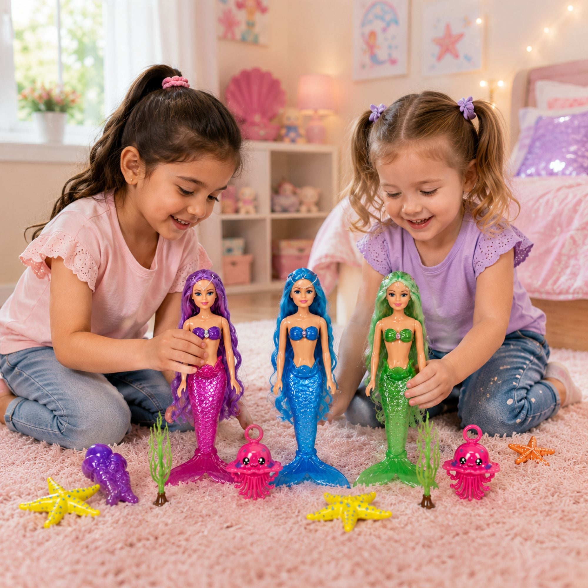 Two young girls sitting on a pink carpet in a bedroom, playing with a set of mermaid dolls. The dolls have purple, blue, and green tails and are surrounded by small starfish and octopus toys.