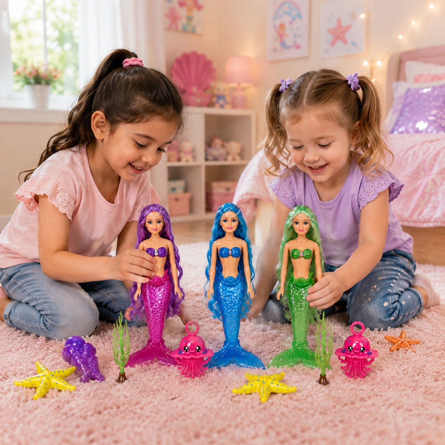 Two young girls sitting on a pink carpet in a bedroom, playing with a set of mermaid dolls. The dolls have purple, blue, and green tails and are surrounded by small starfish and octopus toys.