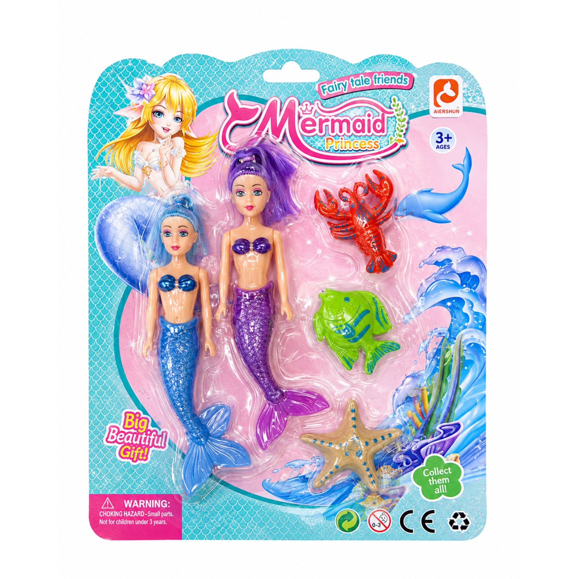 Mermaid Princess collectible toy set in blister packaging, featuring two mermaid dolls with blue and purple tails, plus small sea life accessories including a lobster, turtle, starfish, and coral.