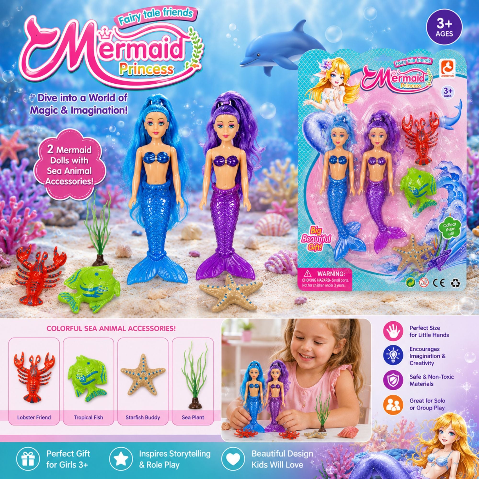 Mermaid Princess toy set featuring two mermaid dolls with colorful sea animal accessories, shown alongside the retail packaging and a child playing with the set in an underwater-themed scene.