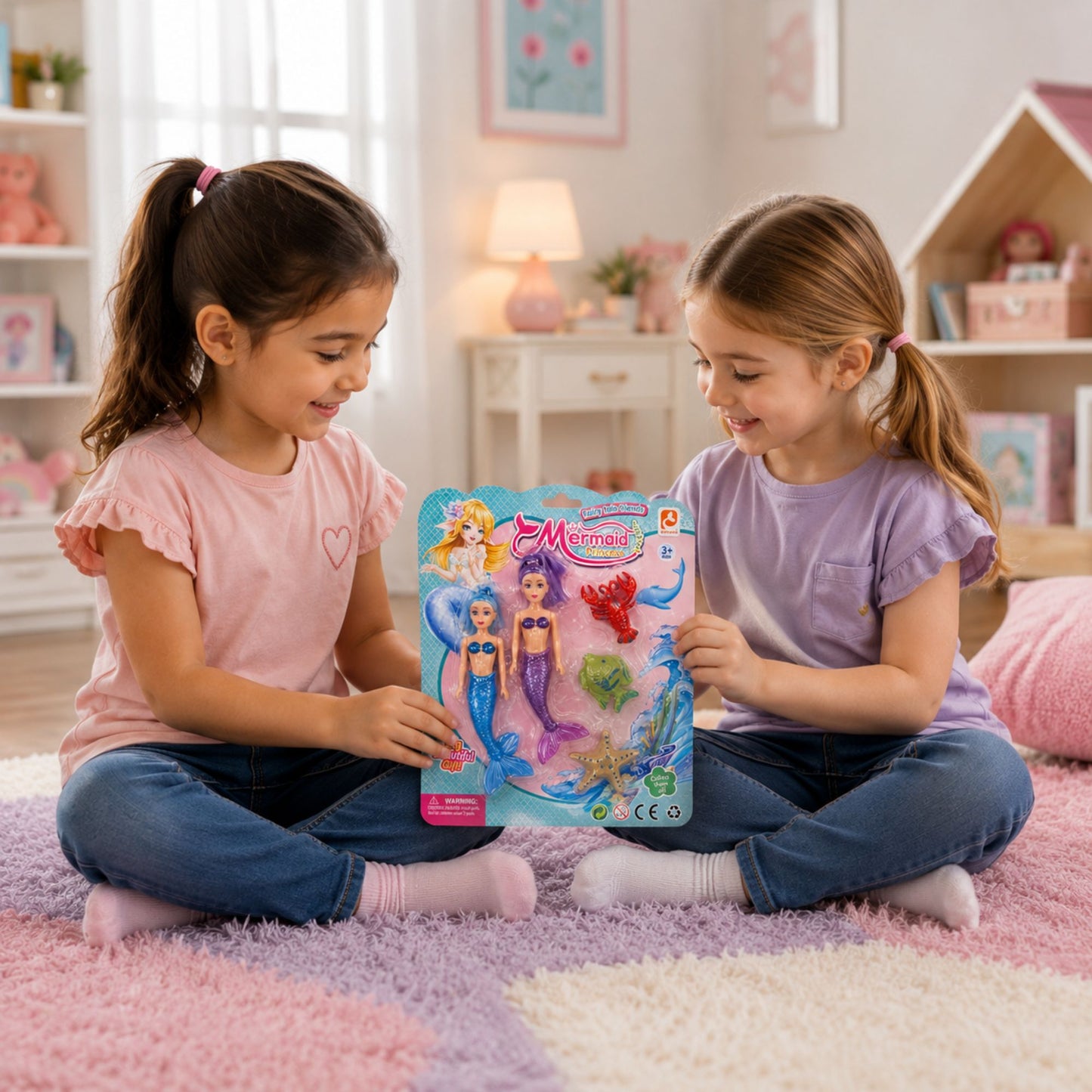 Two young girls sitting on a pink and white rug in a child's bedroom, looking at and holding a colorful 'Mermaid Magic' toy package together.