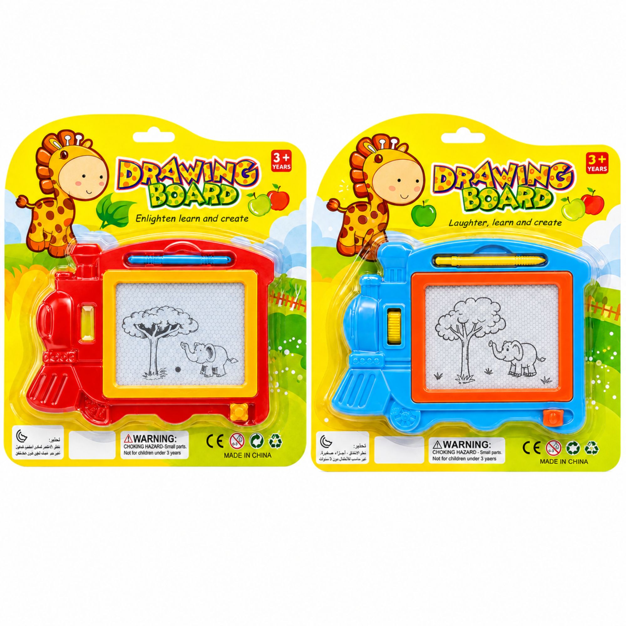 Two children's drawing boards in retail packaging, one red and one blue, shown side by side on a white background. The packaging features a giraffe illustration and the text 'DRAWING BOARD'.