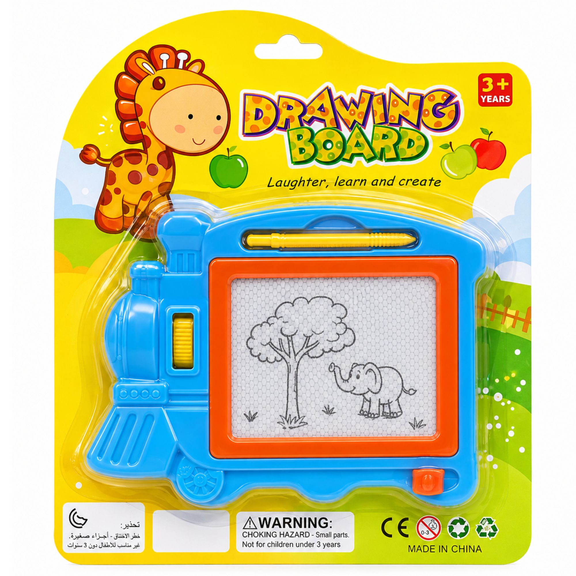 A children's train-shaped drawing board toy in its retail blister packaging. The toy has a bright blue body, an orange border around the writing area, and a yellow pen.