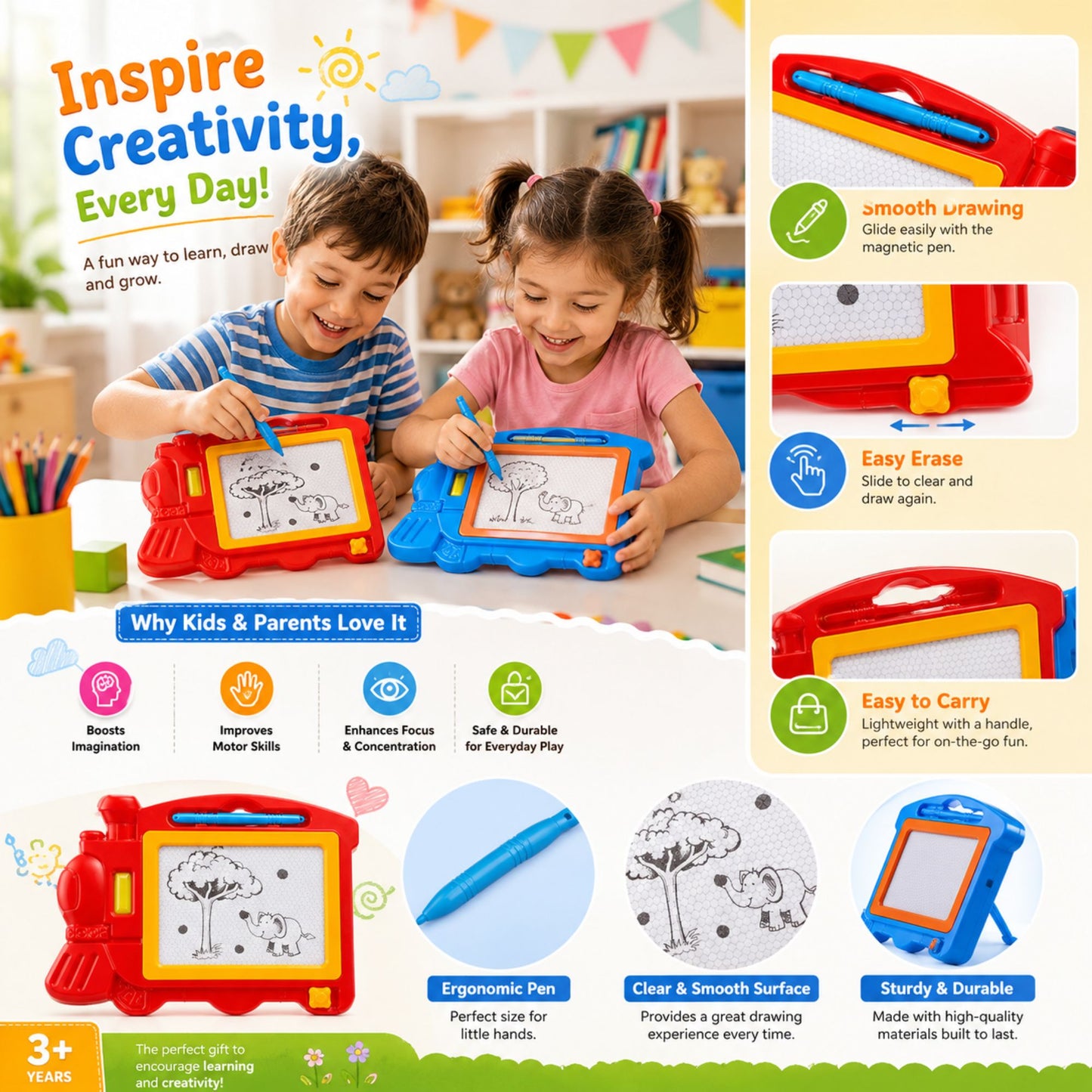 A colorful children's magnetic drawing tablet shown in a bright classroom setting with two kids drawing on it, plus feature callout panels describing smooth drawing, easy erase, slide and clear design, ergonomic pen, and sturdy construction.