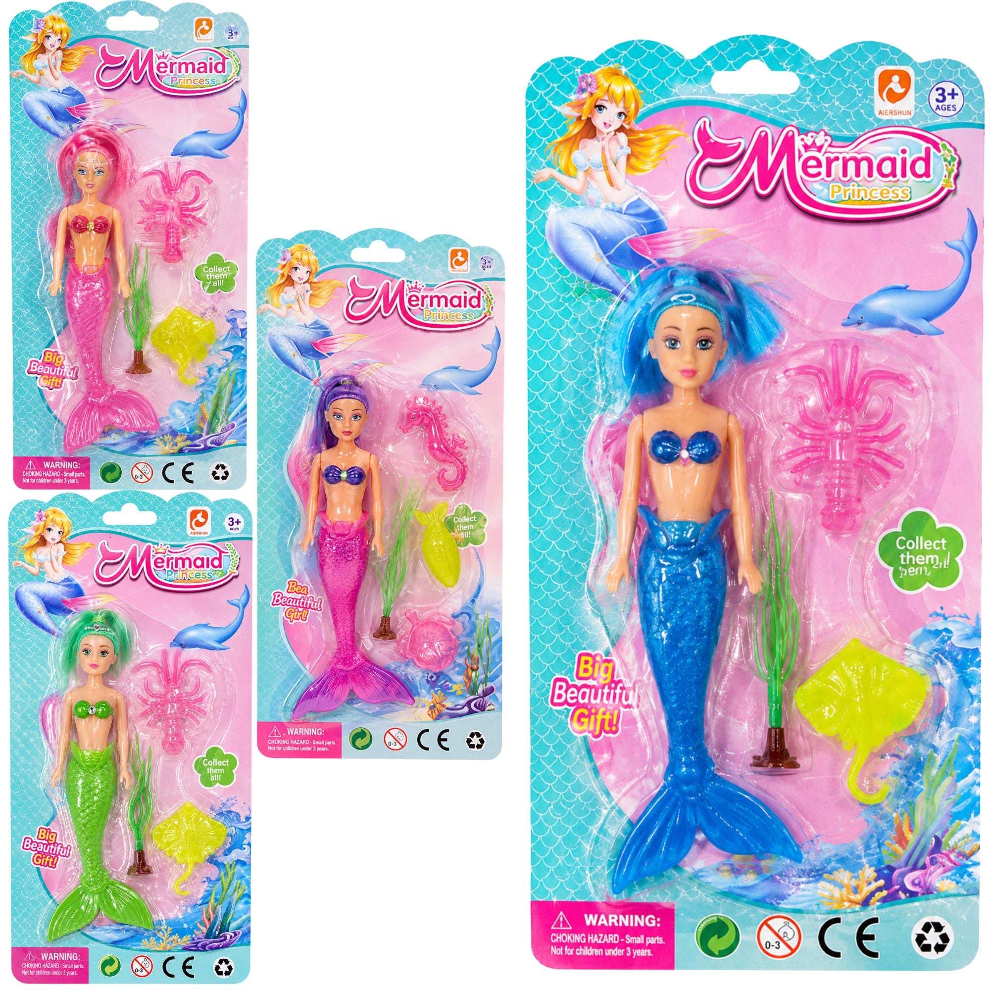 Three packaged mermaid toy dolls with accessories on a plain white background. The set includes a large blue-tailed mermaid, a smaller pink mermaid, and a green-tailed mermaid, each in blister packaging with ocean-themed backing cards.
