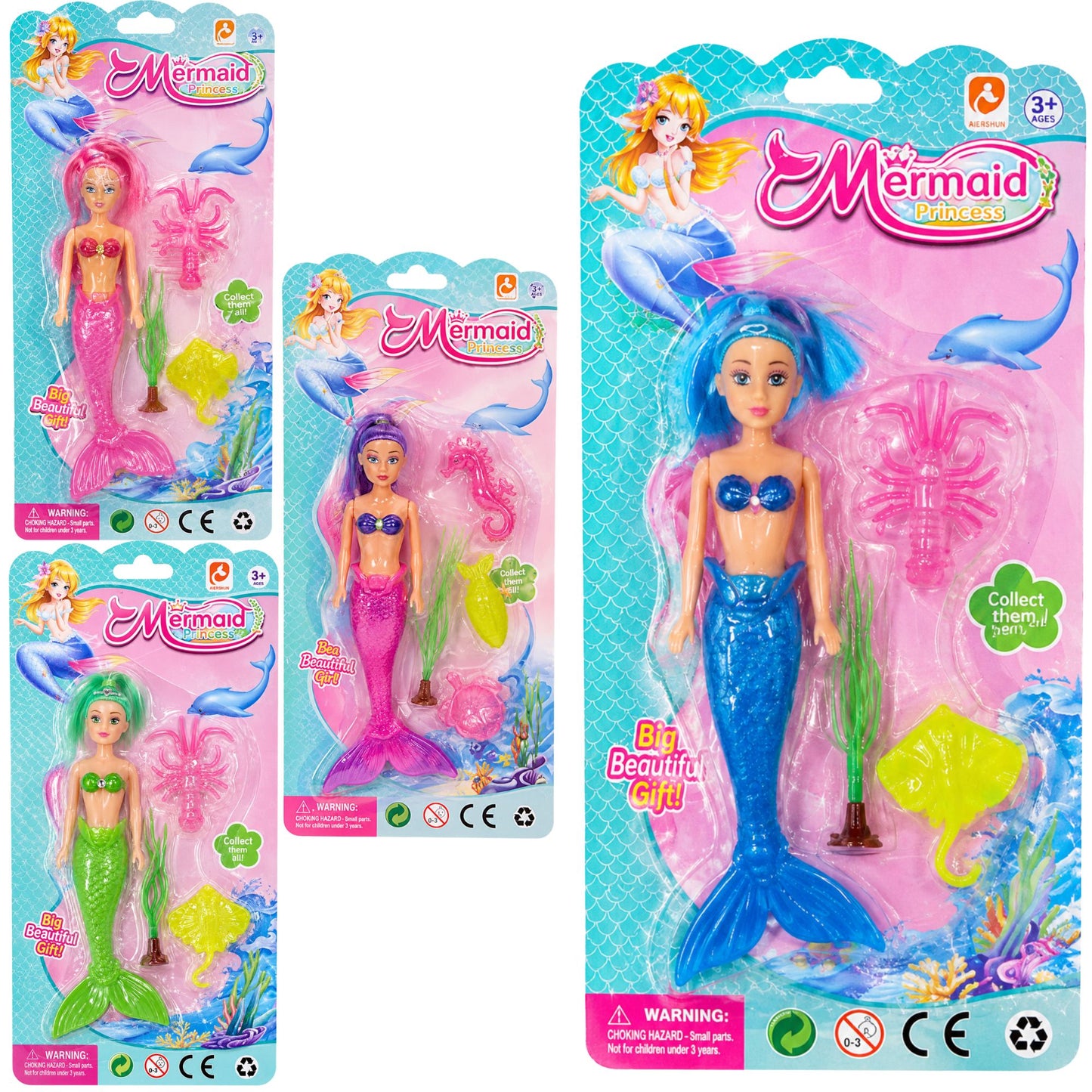 Three packaged mermaid toy dolls with accessories on a plain white background. The set includes a large blue-tailed mermaid, a smaller pink mermaid, and a green-tailed mermaid, each in blister packaging with ocean-themed backing cards.