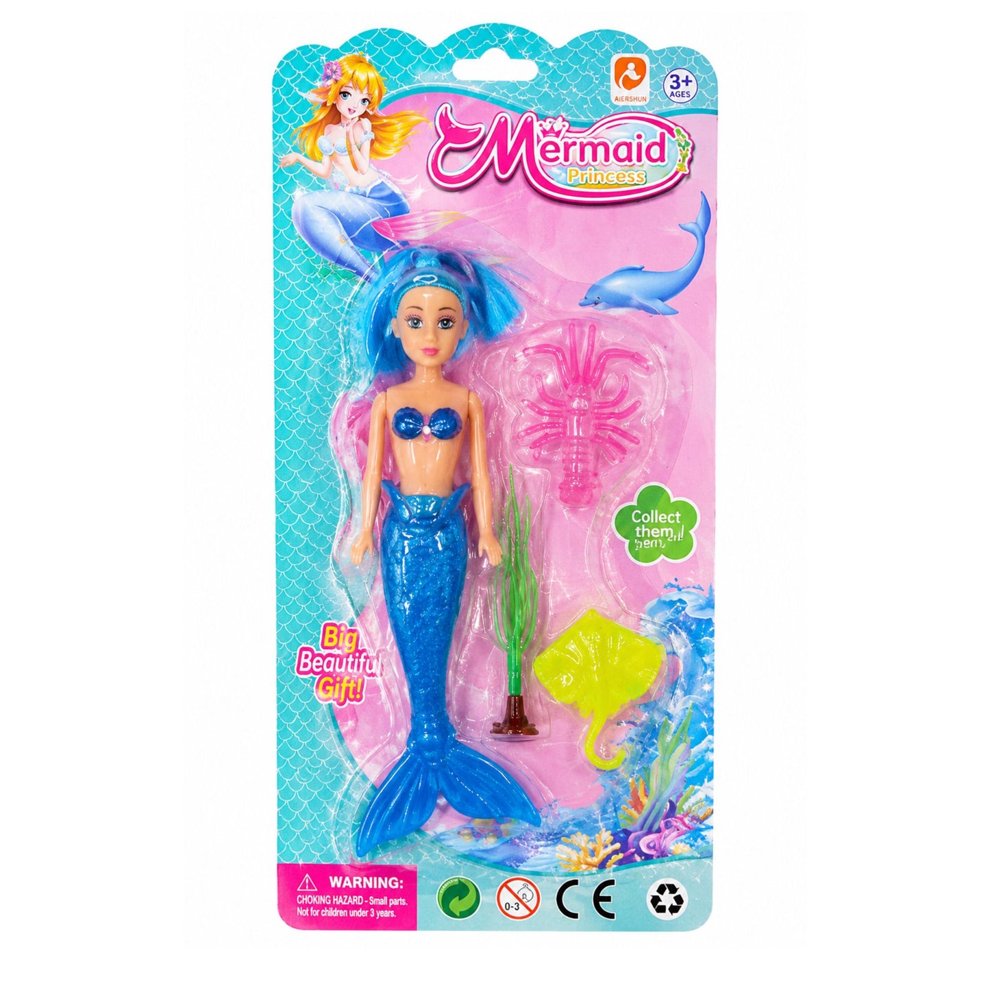 Mermaid Princess toy doll with a blue tail and blue hair, packaged in a pink and blue blister card with accessories including a pink starfish, green seaweed, and a yellow fish.
