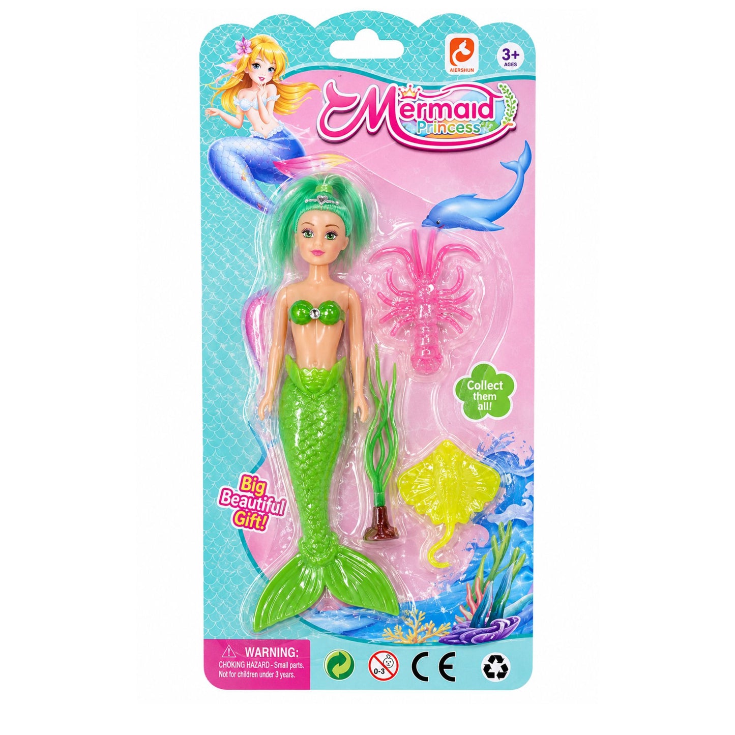 Mermaid Princess collectible mermaid doll in blister packaging with a green tail, pink starfish, and yellow sea turtle accessory on a white background.