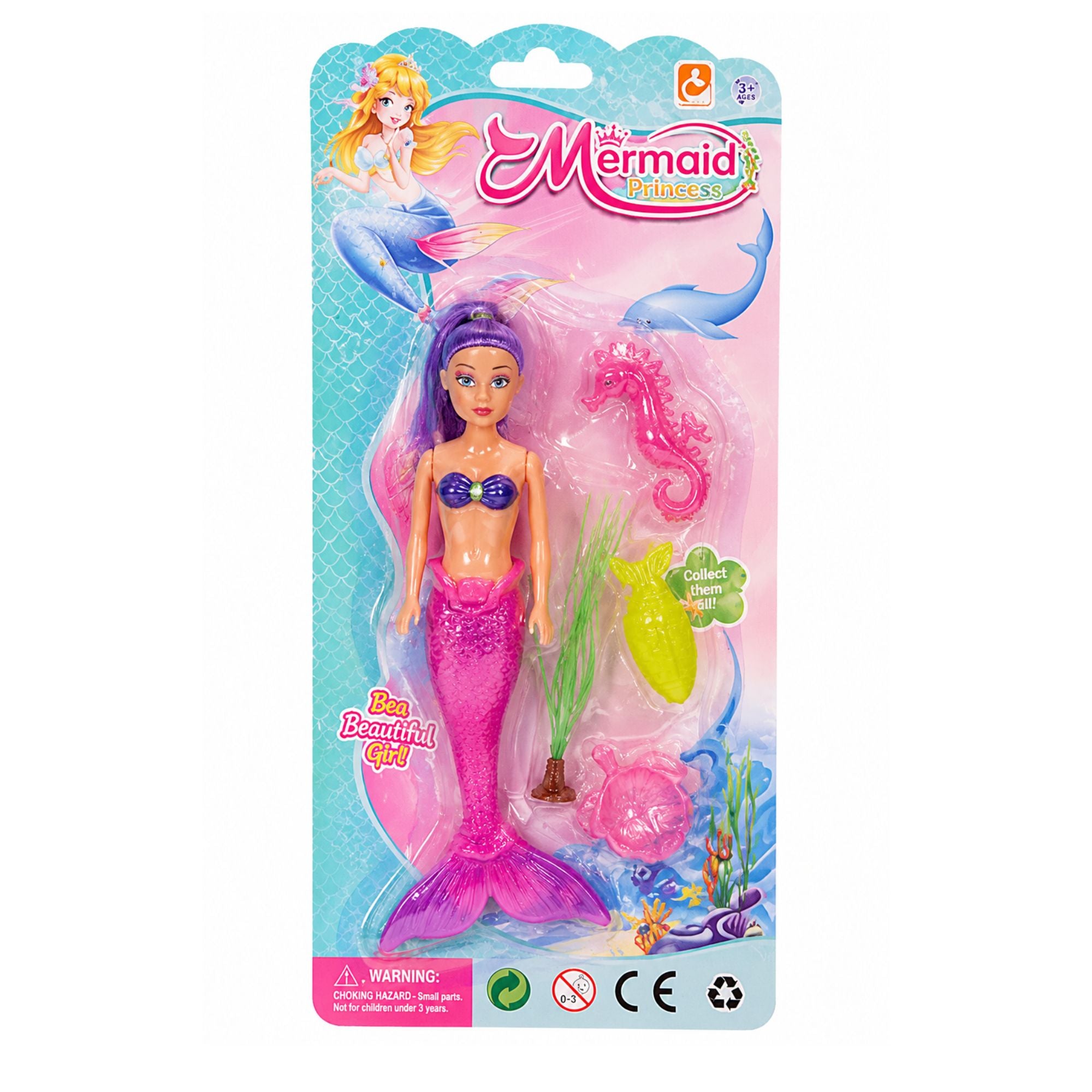 The Mermaid Princess doll in its original blister packaging, featuring a mermaid with purple hair and a pink tail, accompanied by a pink seahorse and green seaweed accessories.