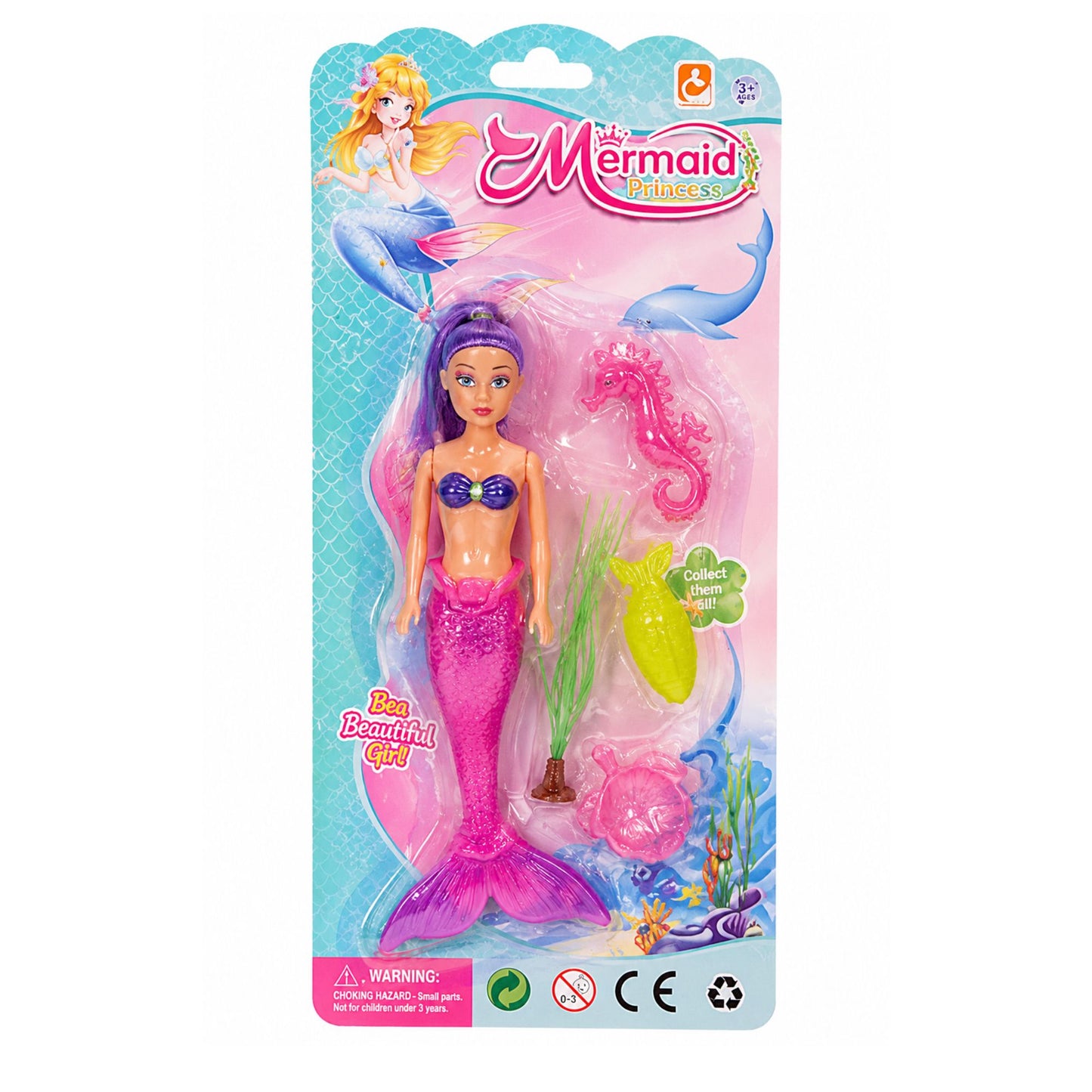 The Mermaid Princess doll in its original blister packaging, featuring a mermaid with purple hair and a pink tail, accompanied by a pink seahorse and green seaweed accessories.