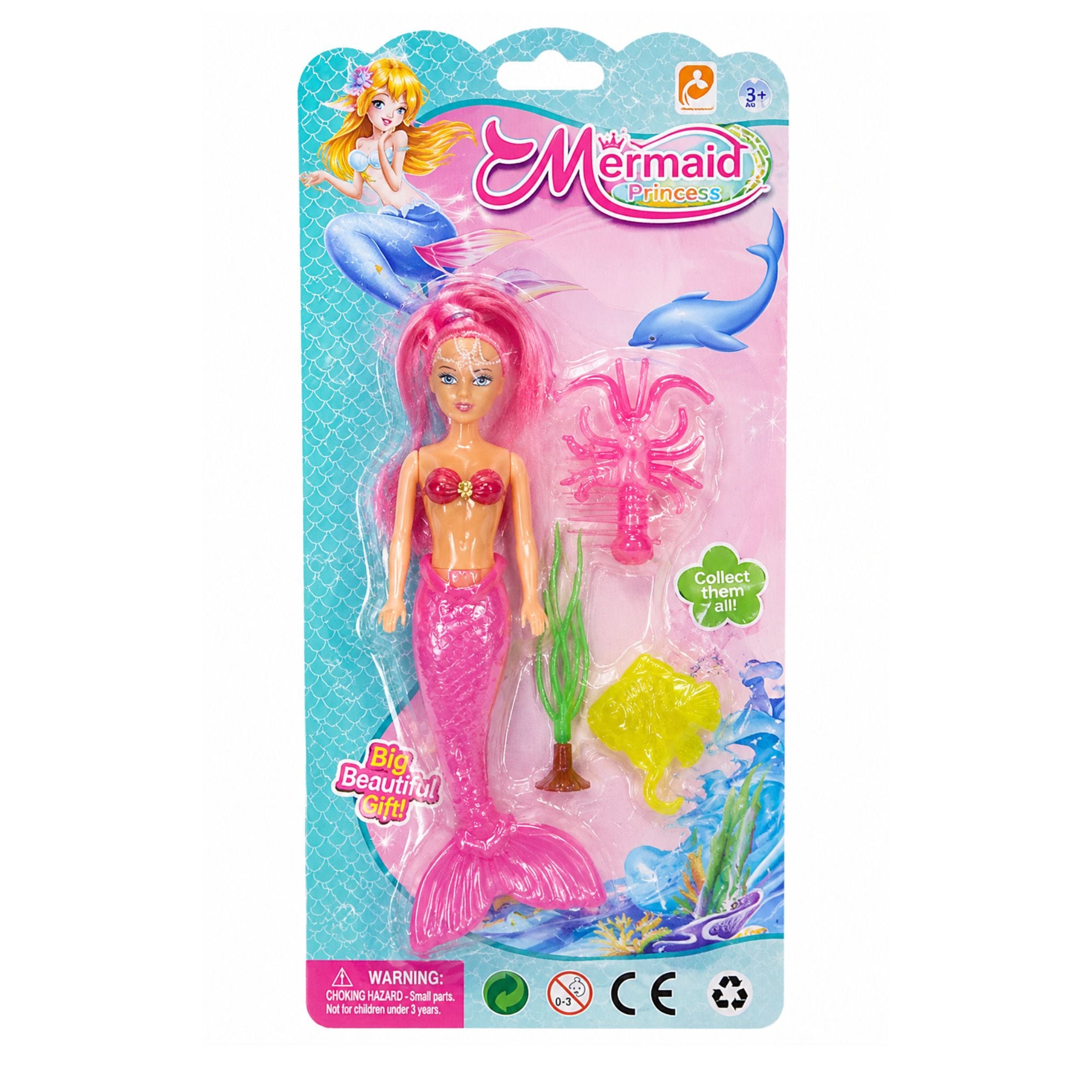 Mermaid Princess toy doll in pink with a matching pink tail, shown in its retail blister packaging with small sea-creature accessories and ocean-themed graphics.