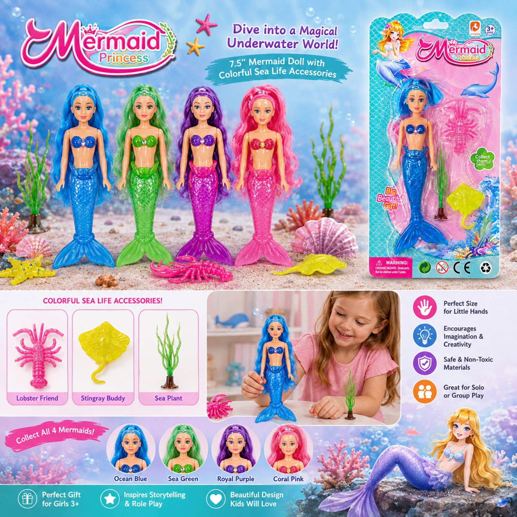 Mermaid Princess mermaid doll set with multiple colorful mermaid dolls in blue, green, pink, and purple, along with sea life accessories like a lobster claw, stingray bubble, sea plant, and shells. The image includes the product packaging, a child playing with the doll, and feature icons on a blue ocean-themed background.