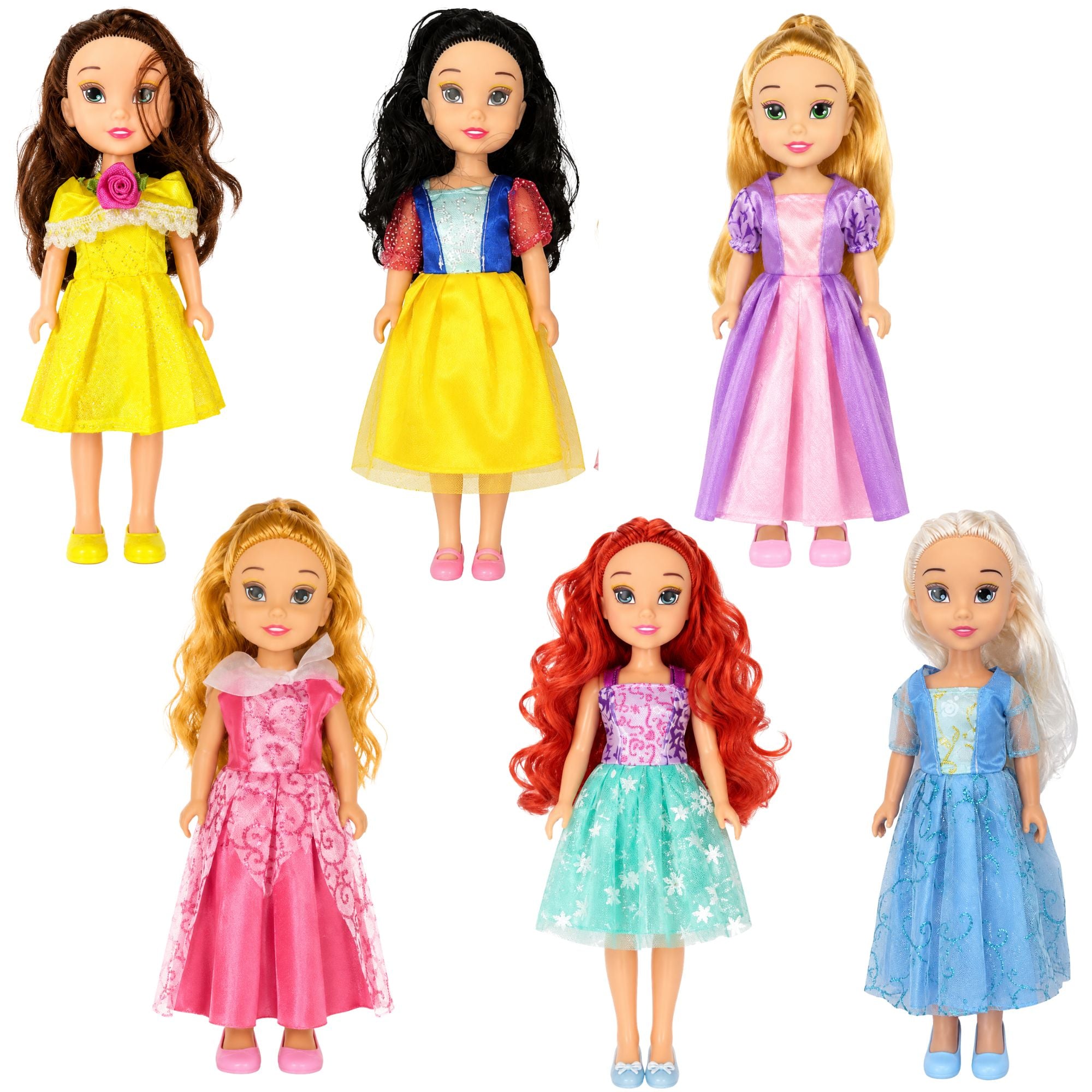 Six toy princess dolls with long colorful hair are arranged on a plain white background, each wearing a different dress in yellow, blue, pink, and light blue tones.