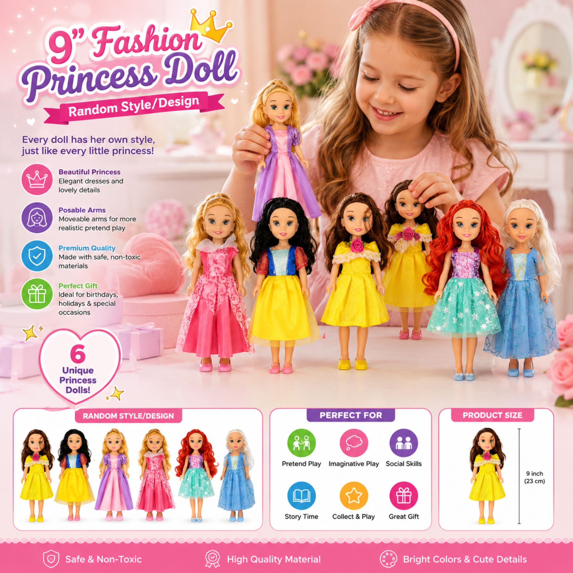 A promotional graphic for a 9-inch fashion princess doll set, featuring a young girl holding a doll and several colorful princess dolls lined up in front. The image includes marketing text, icons, and product size information, with the dolls and packaging arranged on a pink-themed background.
