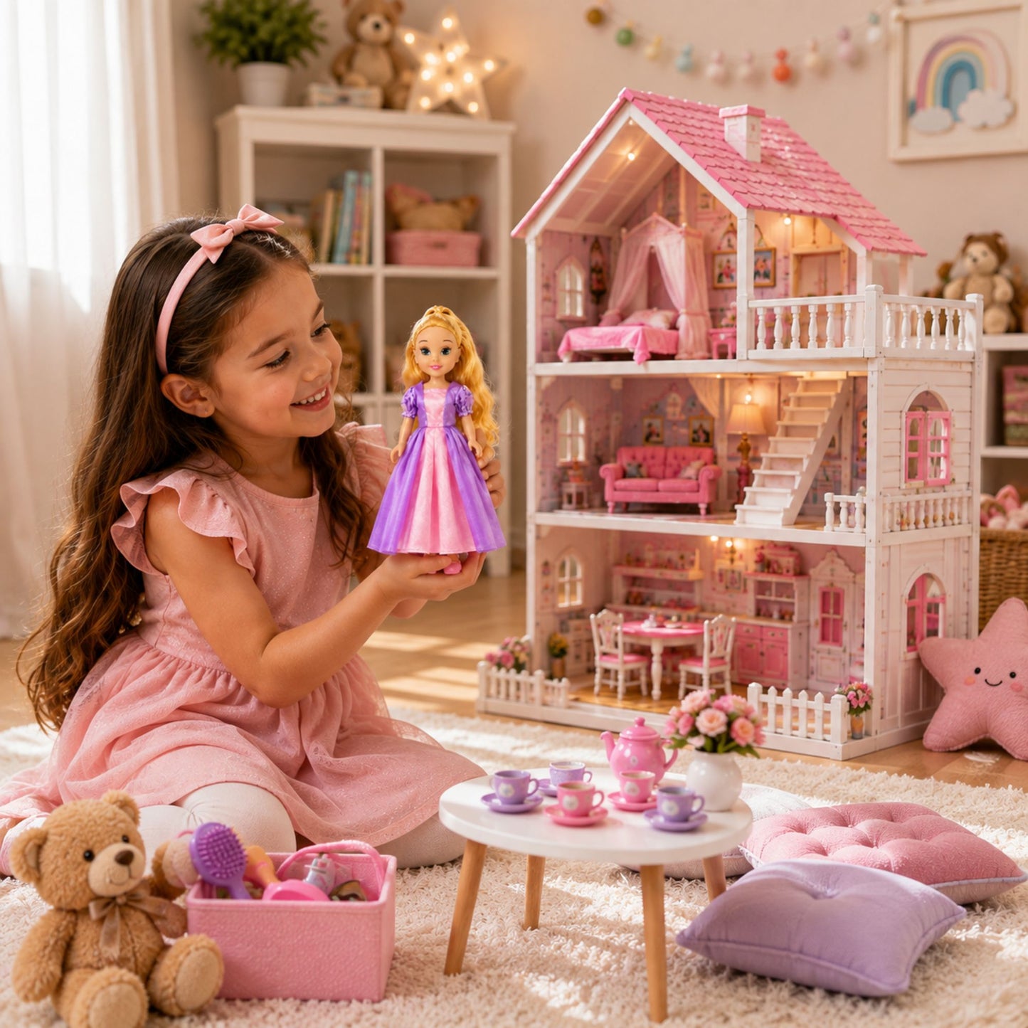 A young girl in a pink dress sits on a white rug next to a large pink dollhouse, holding a doll. The room is decorated with toys, shelves, and cozy lighting, creating a warm and playful atmosphere.