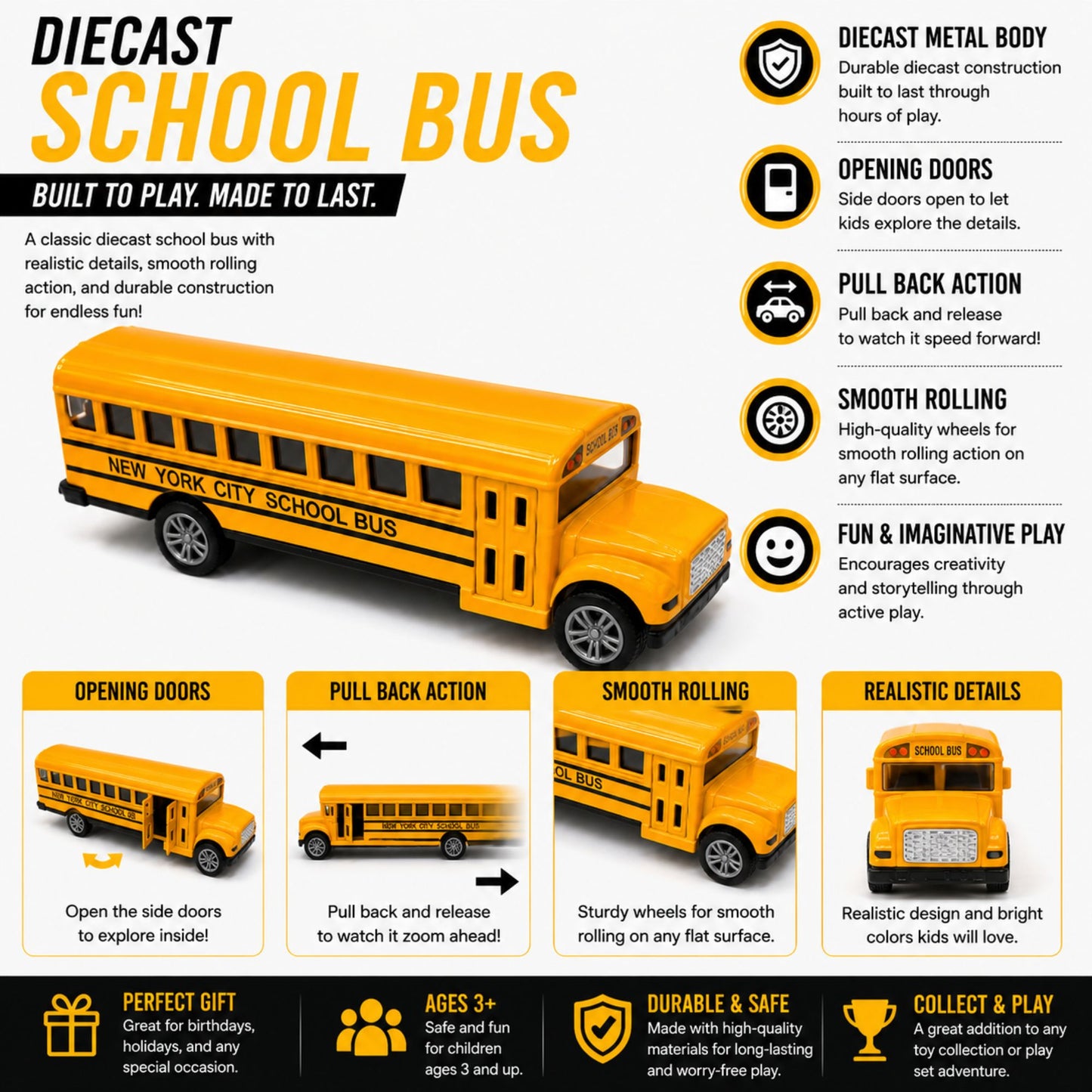Diecast School Bus Toy with Pull Back Action and Opening Doors