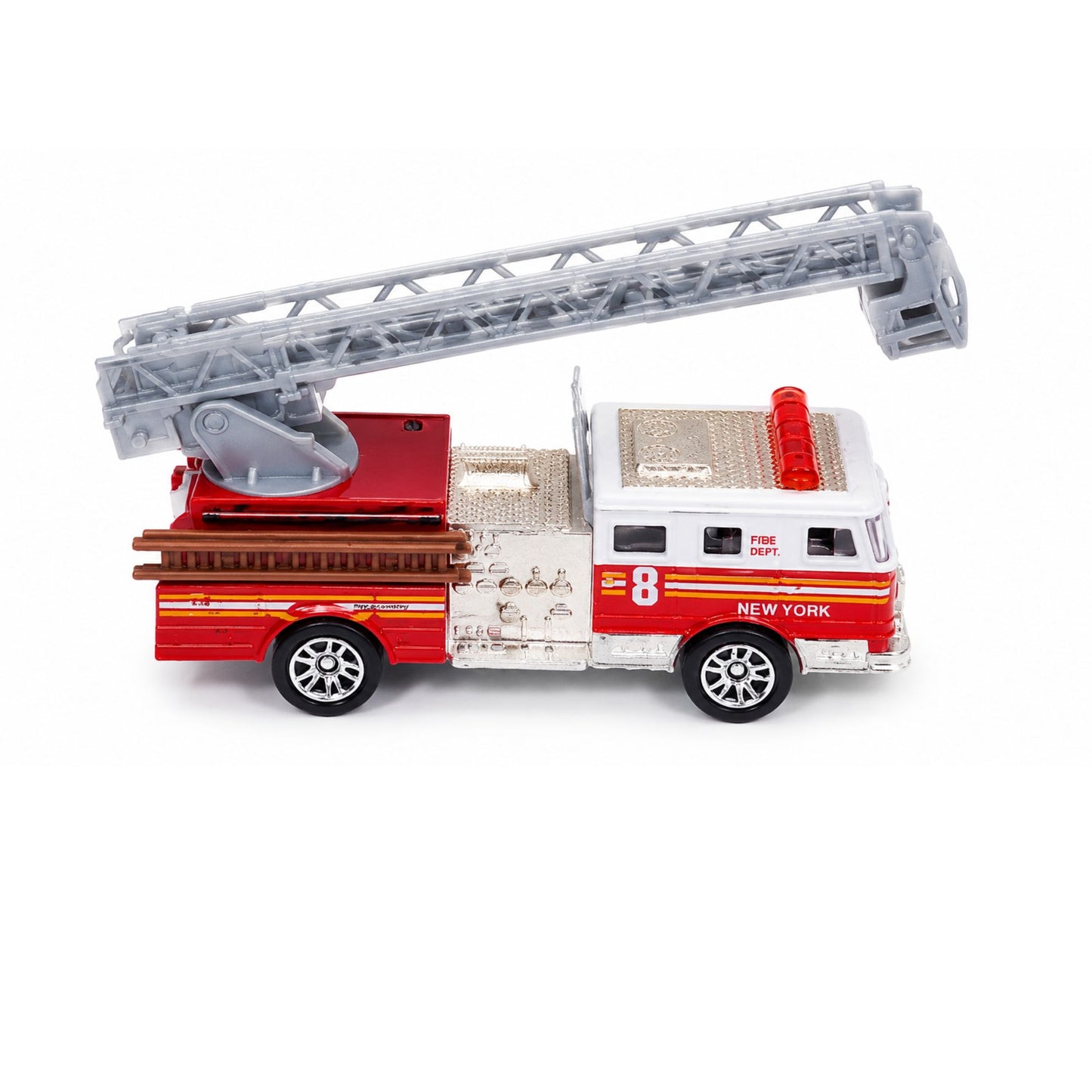 A red and white toy fire truck with an extended gray ladder, shown on a plain white background.