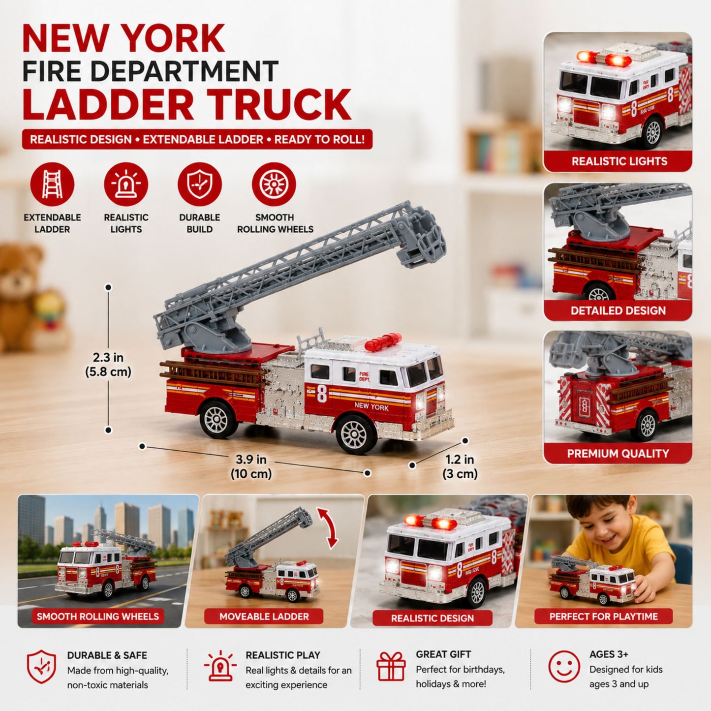 Red and white fire department ladder truck toy with an extendable movable ladder, realistic lights, detailed design, smooth-rolling wheels, and durable construction, shown in a kid-friendly play setting.